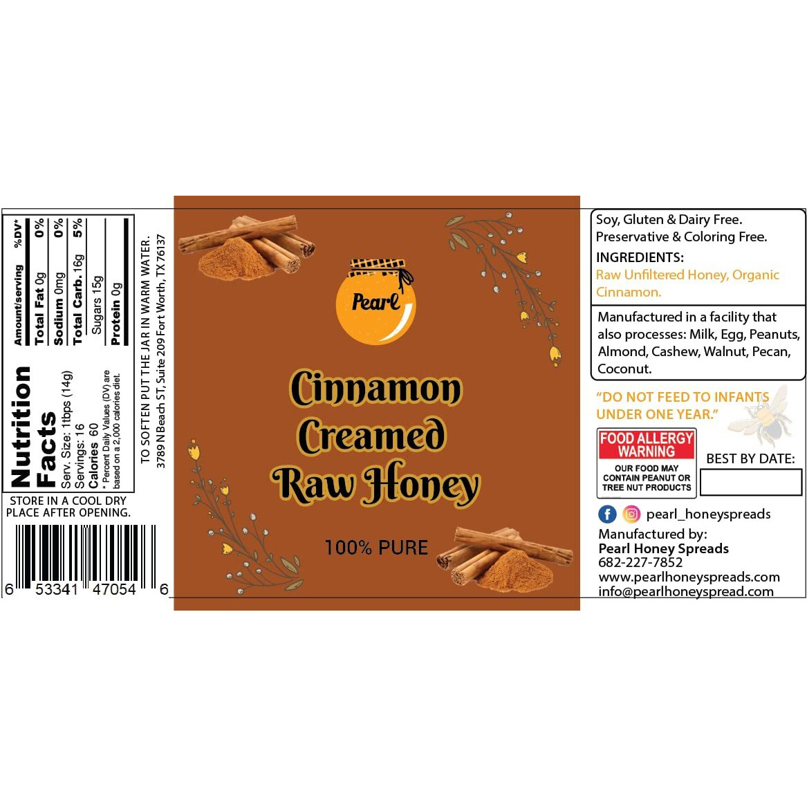 Pearl Honey Spreads - Organic Cinnamon Flavored Creamed Raw Honey - Chemical Free, Soy Free & 100% Naturally Flavored | 8.8 Oz Jar