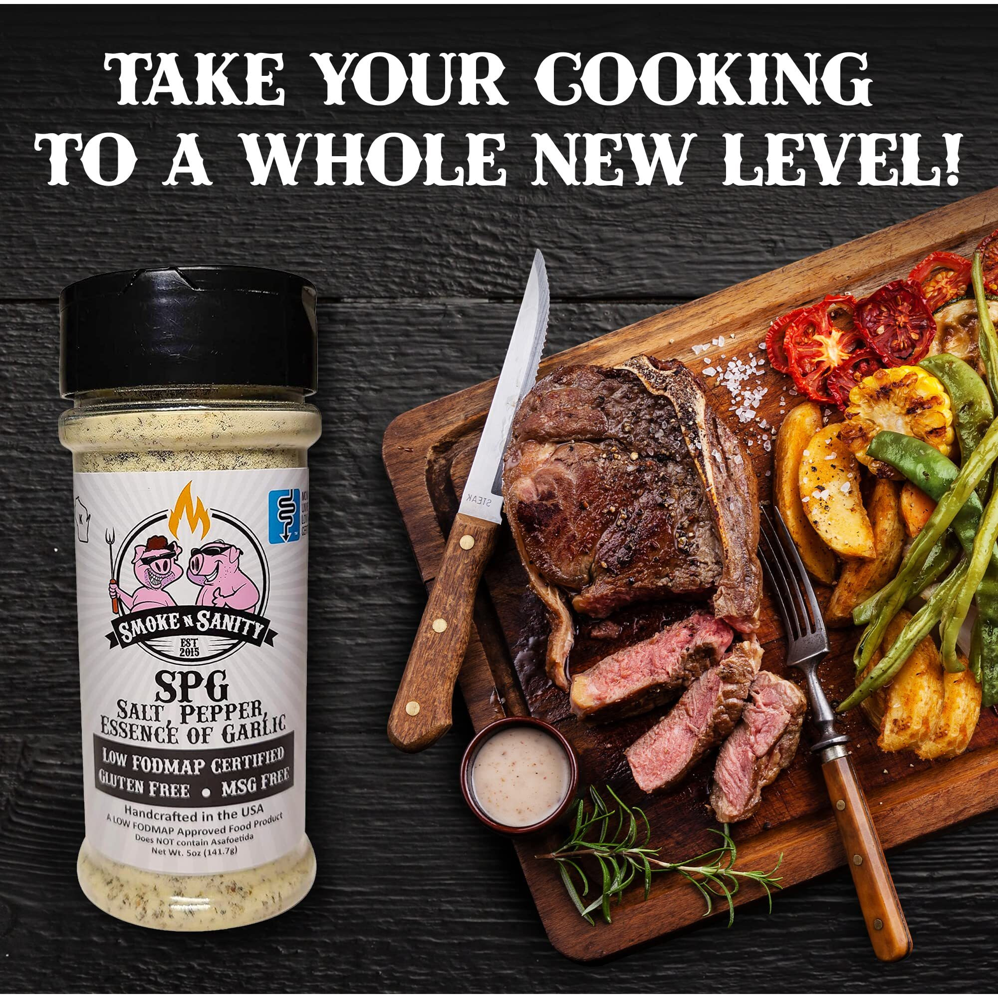 Smoke N Sanity - Spg (Salt, Pepper, Essence Of Garlic Salt) Seasoning, Monash Certified Low Fodmap, Gluten Free, Kosher, Dairy Free, Msg Free, Ideal For Meats, Vegetables, And Dips, 5 Oz Shaker