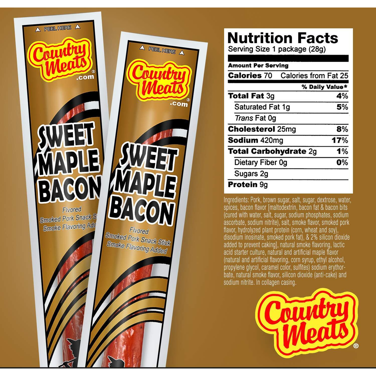 Country Meats, Meat Sticks, 0 Trans Fat, Usda Certified, Good Source Of Protein, Carb Conscious Snack (24 Meat Sticks, Sweet Maple Bacon)
