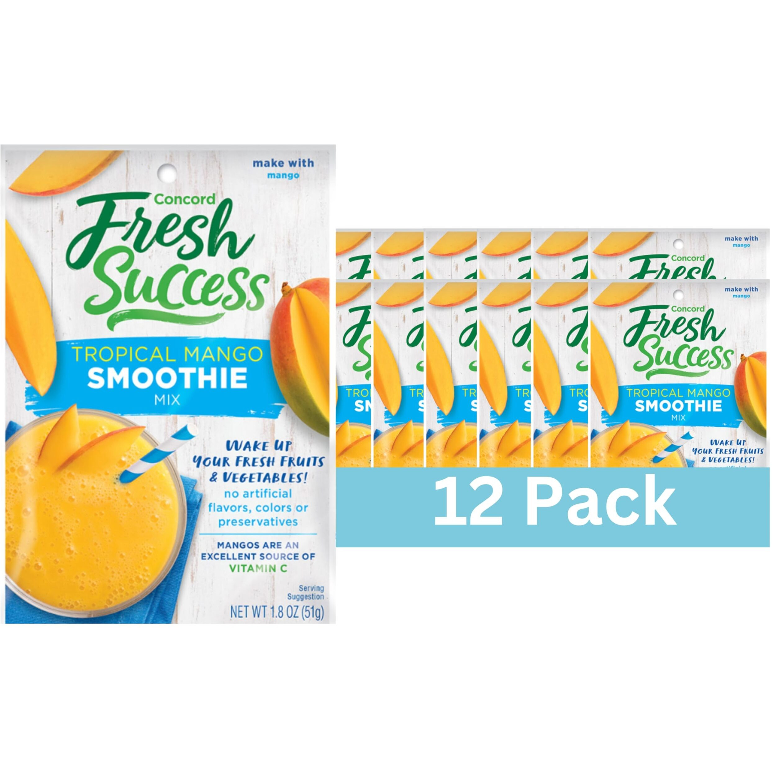 Concord Foods Tropical Mango Smoothie Mix - Fruit Flavor With No Artificial Flavors, Colors, Or Preservatives - Ideal For Fresh Fruit Smoothies - 1.8 Oz Pouch For Healthy Smoothies (Pack Of 12)