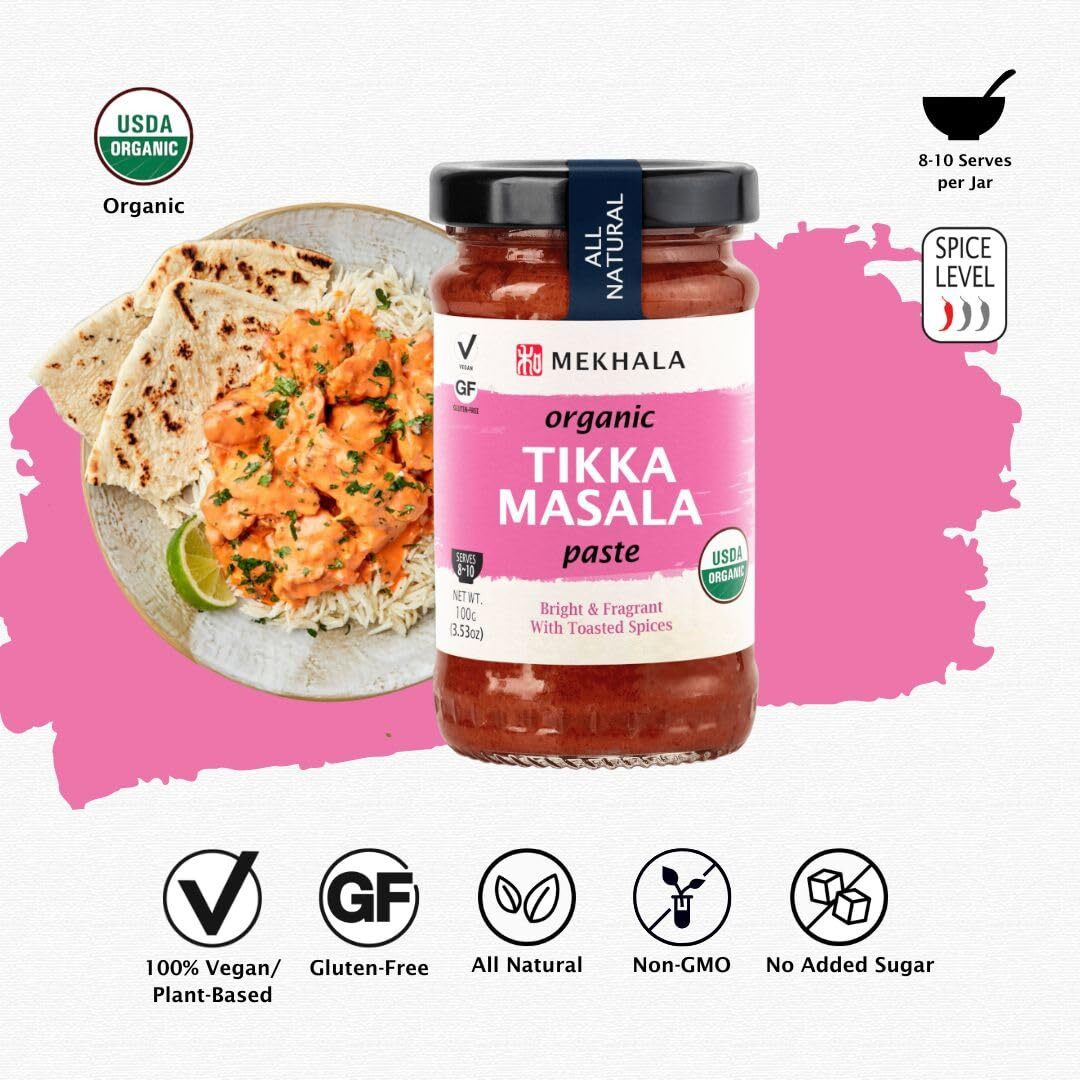 Mekhala Organic Tikka Masala Indian Cooking Paste. Versatile Sauce, Marinade, Cooking Paste. Medium Spice Organic Vegan Gluten-Free No Added Sugar 3.53Oz