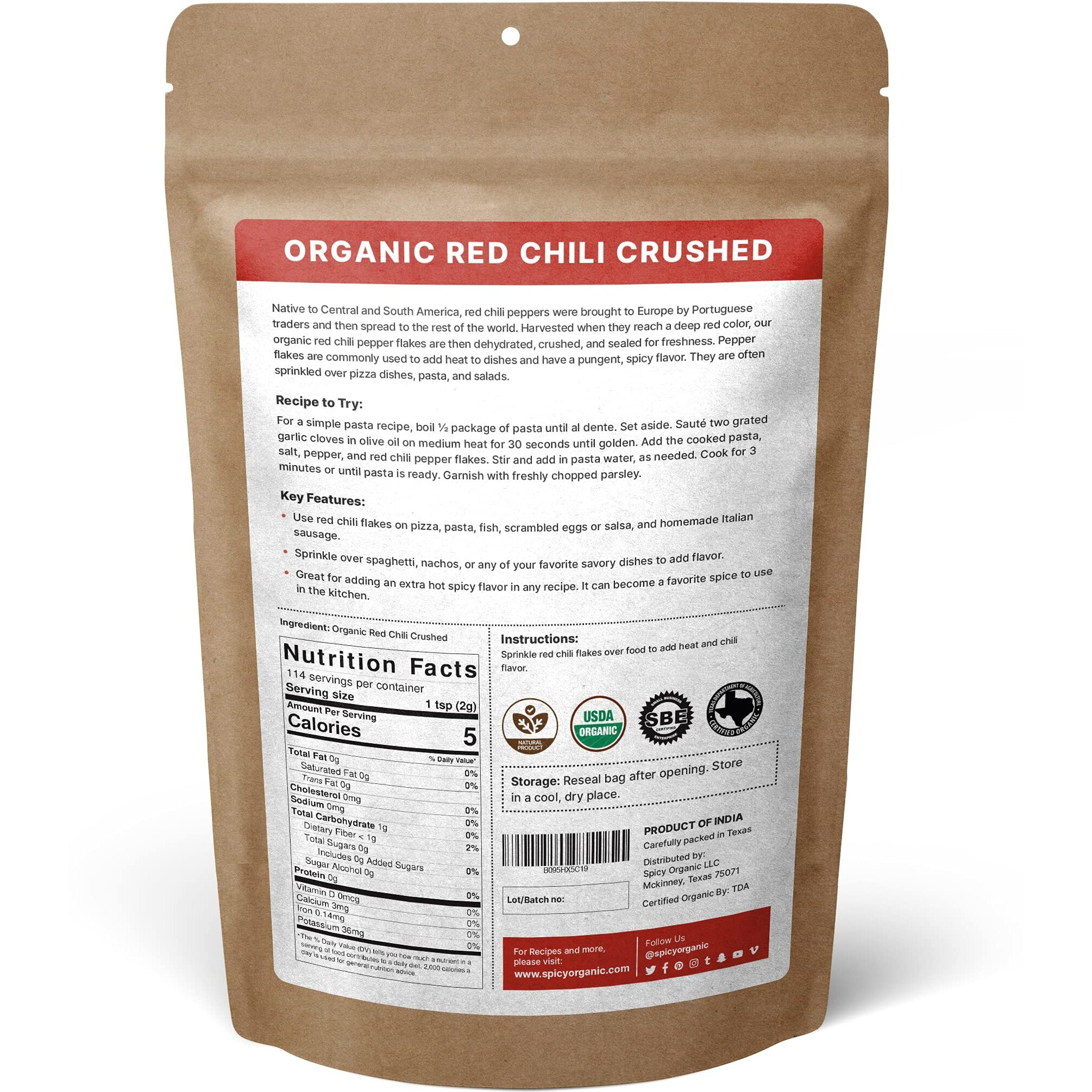 Spicy Organic Crushed Red Pepper Flakes 8 Oz. - Robust Chili Peppers Seasoning Spice - Usda Organic, Kosher, Non-Gmo- Ideal For Pizza, Pastas, Salads, Sauces, Stews, Marinades And Pickled Vegetables