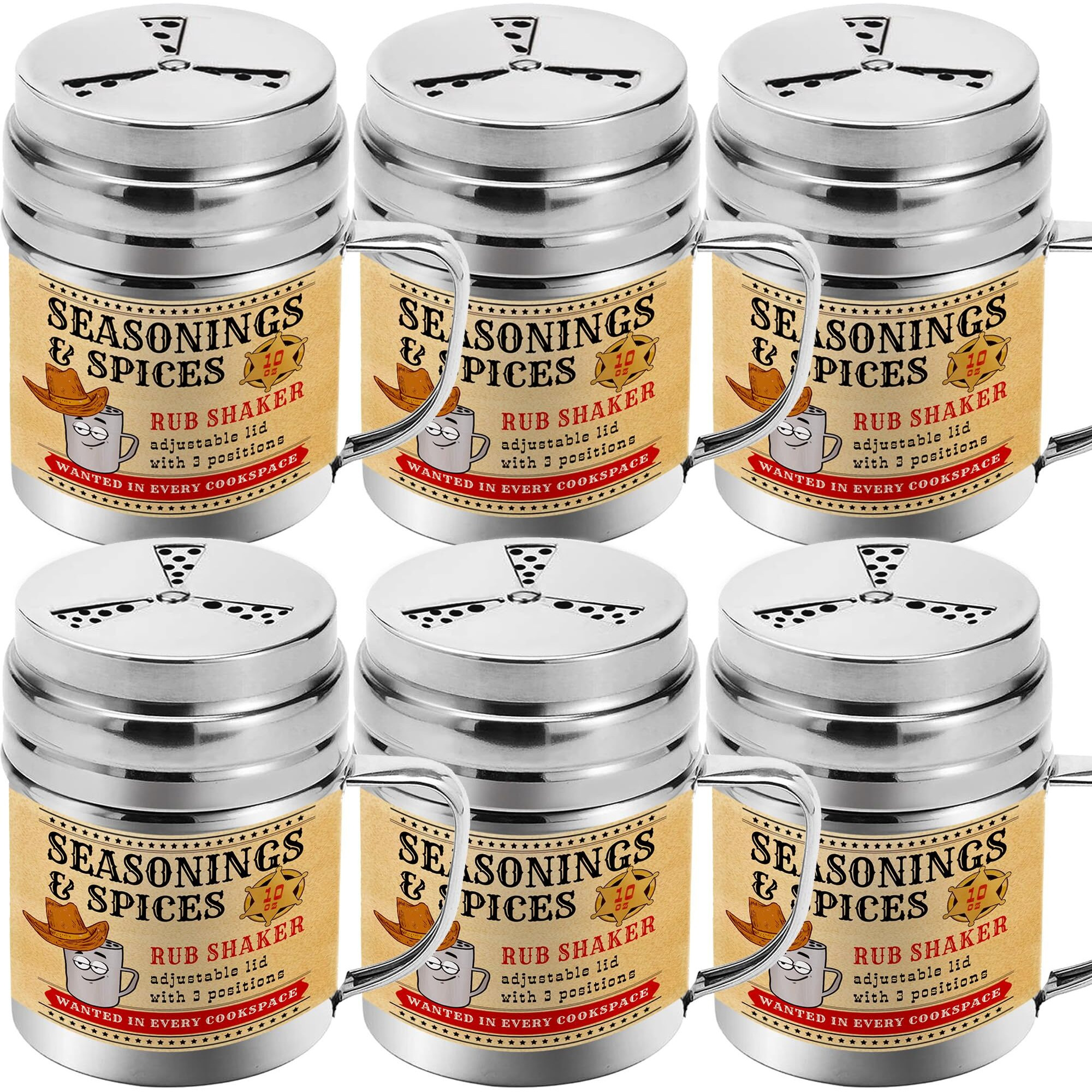 Cusinium [Pack Of 6] 10 Oz Seasonings Spice Shakers - Bbq Dry Rub Shakers - Cooking Dredge With Adjustable Fan-Style Lid And Handles