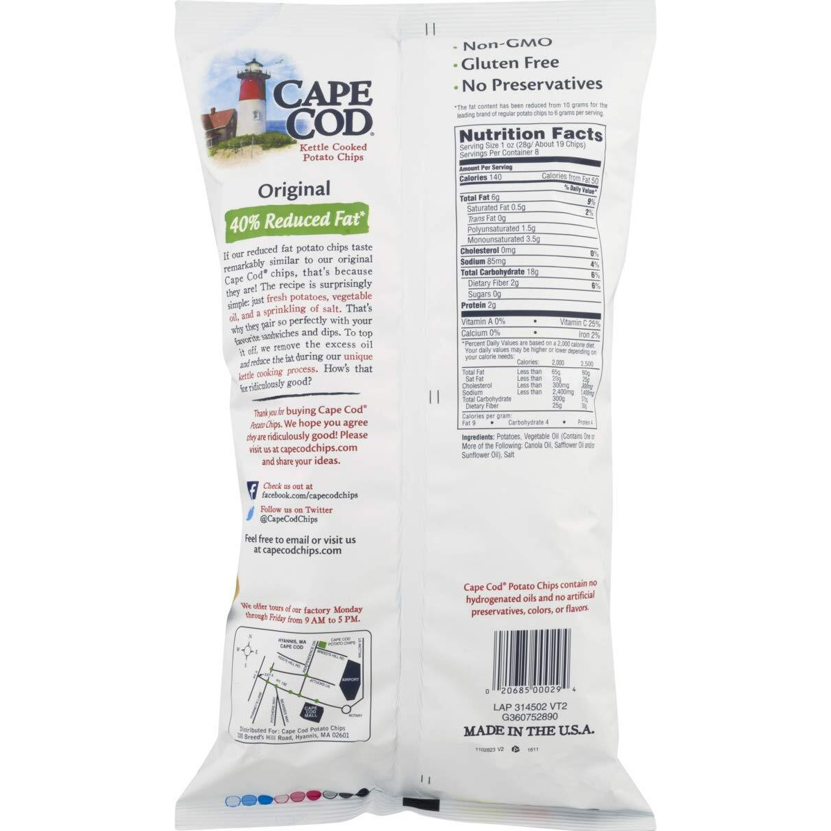 Cape Cod Kettle Cooked Potato Chips- Satisfying, All Natural And Kettle Cooked 8 Oz. Bags (40% Reduced Fat, 3 Bags)