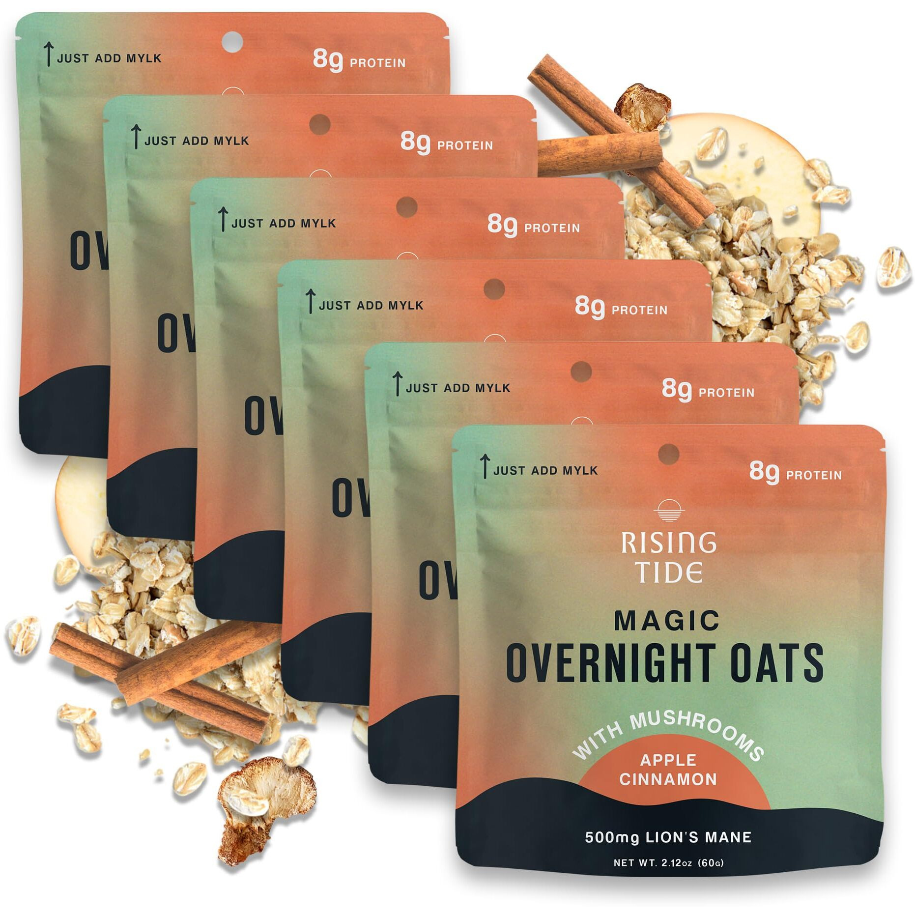 Mushroom Overnight Oats [6 Servings] - Apple Cinnamon Flavored Organic Oatmeal Made With Premium Grade Mushrooms - Lion's Mane, Turkey Tail, Chaga, Cordyceps - Boosts Cognitive Function & Immunity