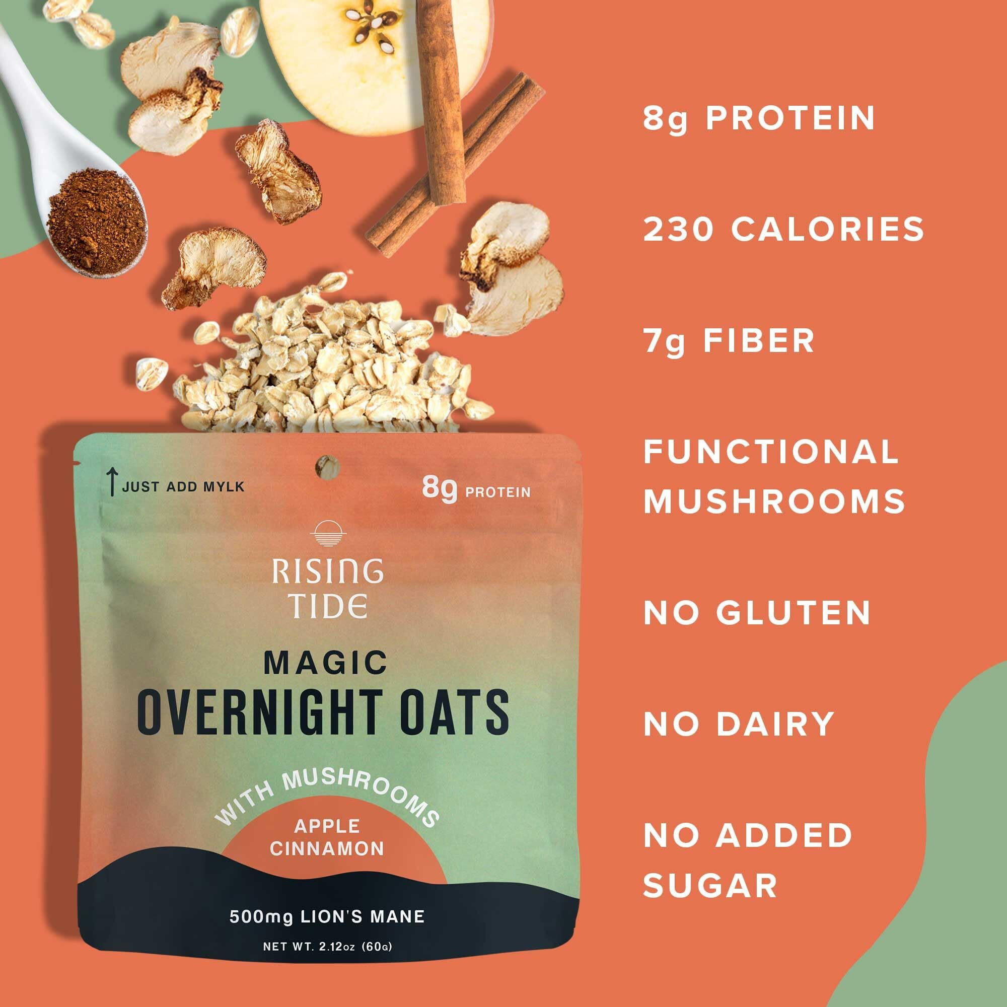 Mushroom Overnight Oats [6 Servings] - Apple Cinnamon Flavored Organic Oatmeal Made With Premium Grade Mushrooms - Lion's Mane, Turkey Tail, Chaga, Cordyceps - Boosts Cognitive Function & Immunity
