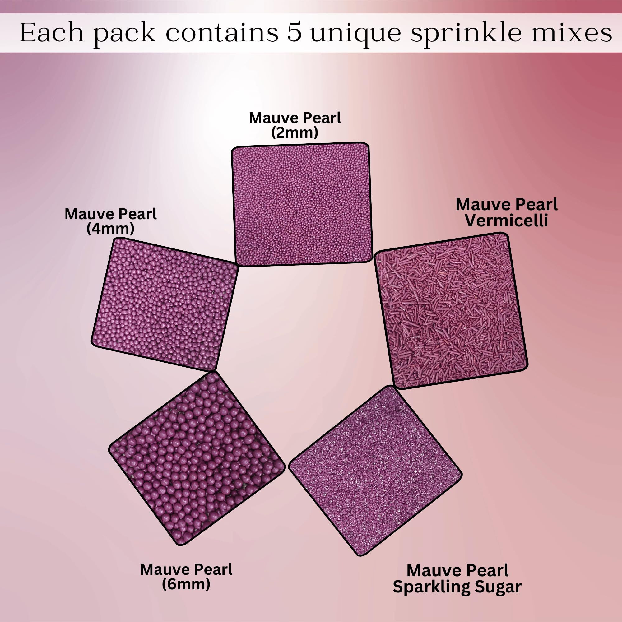 Confect Sprinkles For Cakes & Cupcakes Decoration | Birthday Sprinkles | Assorted Pack Of 5 Magical Evening Ball Pearl Sprinkles | Mauve Sprinkles | Mix Dragees, Jimmies & Sparkling Sugar - 3.5 Oz