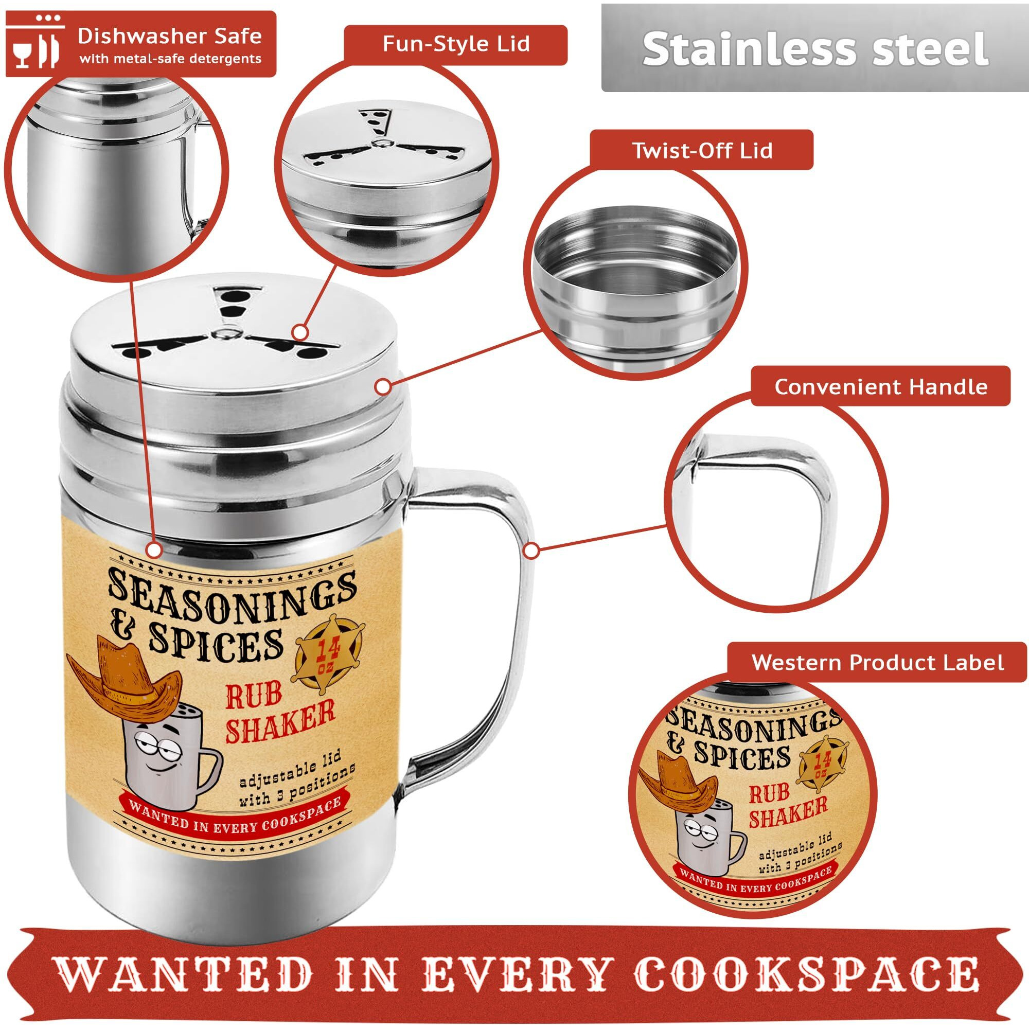 Cusinium [Pack Of 4] 14 Oz Seasonings Spice Shakers - Bbq Dry Rub Shakers - Cooking Dredge With Adjustable Fan-Style Lid And Handles