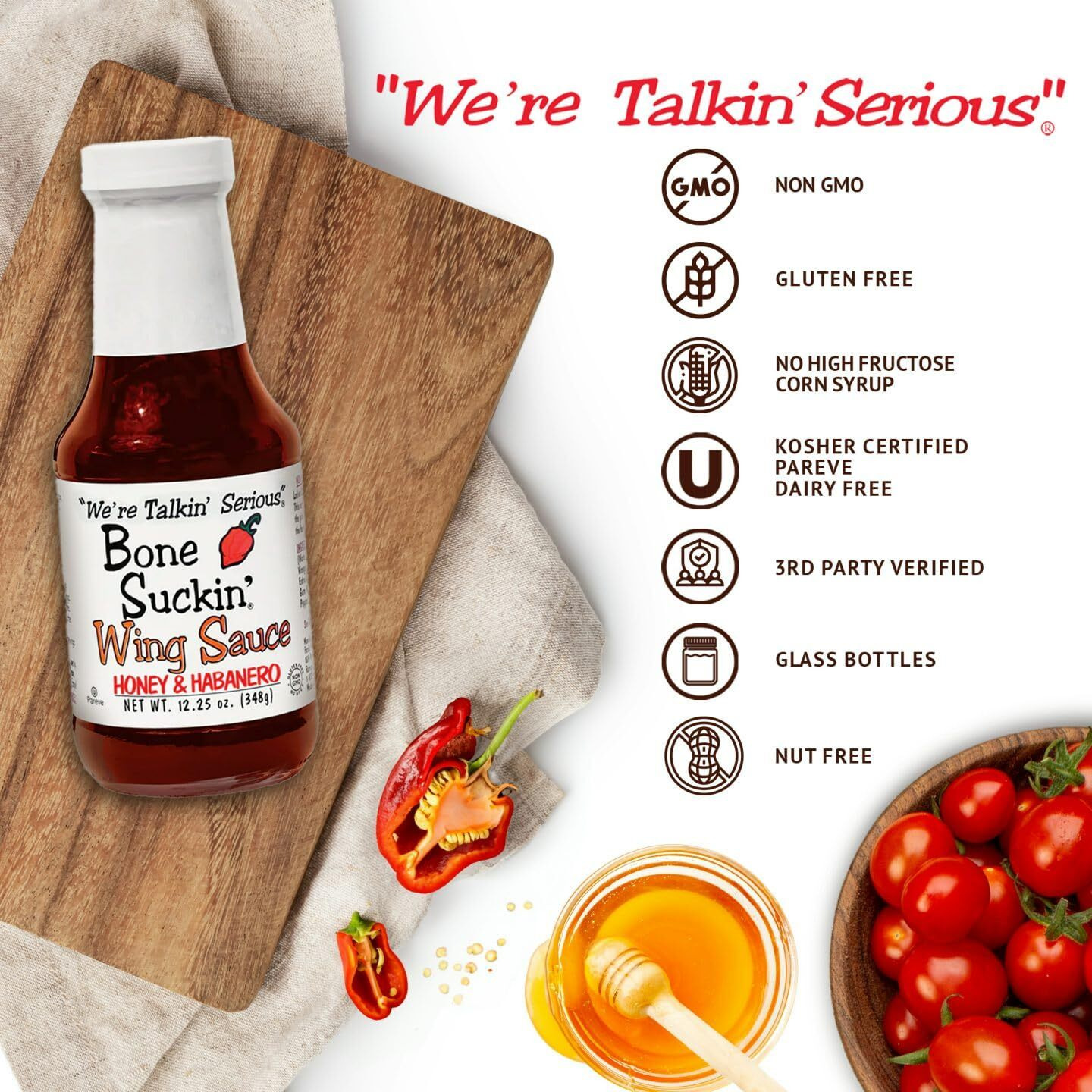 Bone Suckin' Honey & Habanero Wing Sauce For Chicken Wings, Turkey Wings & Also Great For Ribs, Chicken, Pork, Beef - Gluten Free, Sweetened With Honey & Molasses, In Glass Bottle, 12.25Oz - 1 Pc