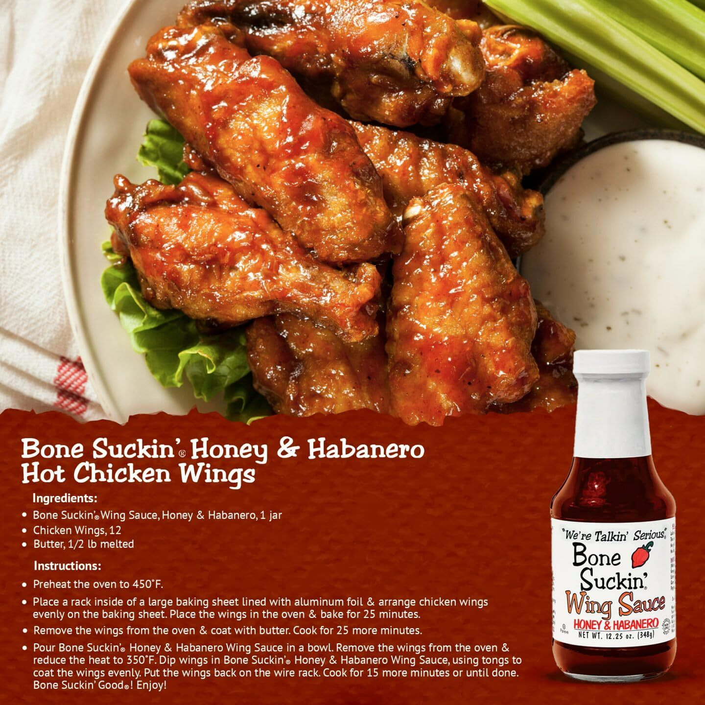 Bone Suckin' Honey & Habanero Wing Sauce For Chicken Wings, Turkey Wings & Also Great For Ribs, Chicken, Pork, Beef - Gluten Free, Sweetened With Honey & Molasses, In Glass Bottle, 12.25Oz - 1 Pc