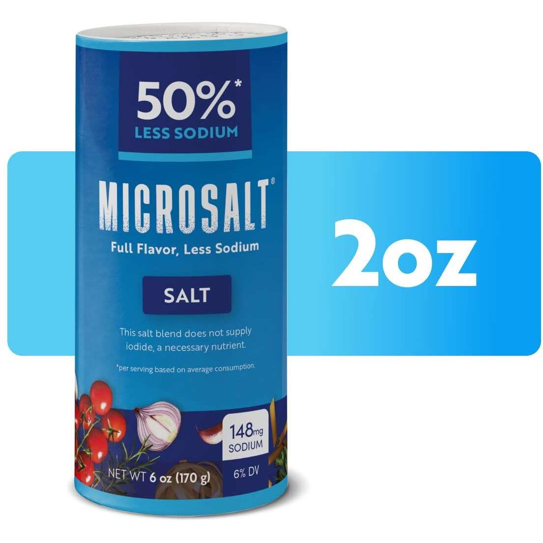 Microsalt 50% Less Sodium Salt, Regular Salt Substitute, Seasoning Salt For Snacks, Full Flavor, Less Sodium, 2 Oz, Pack Of 2