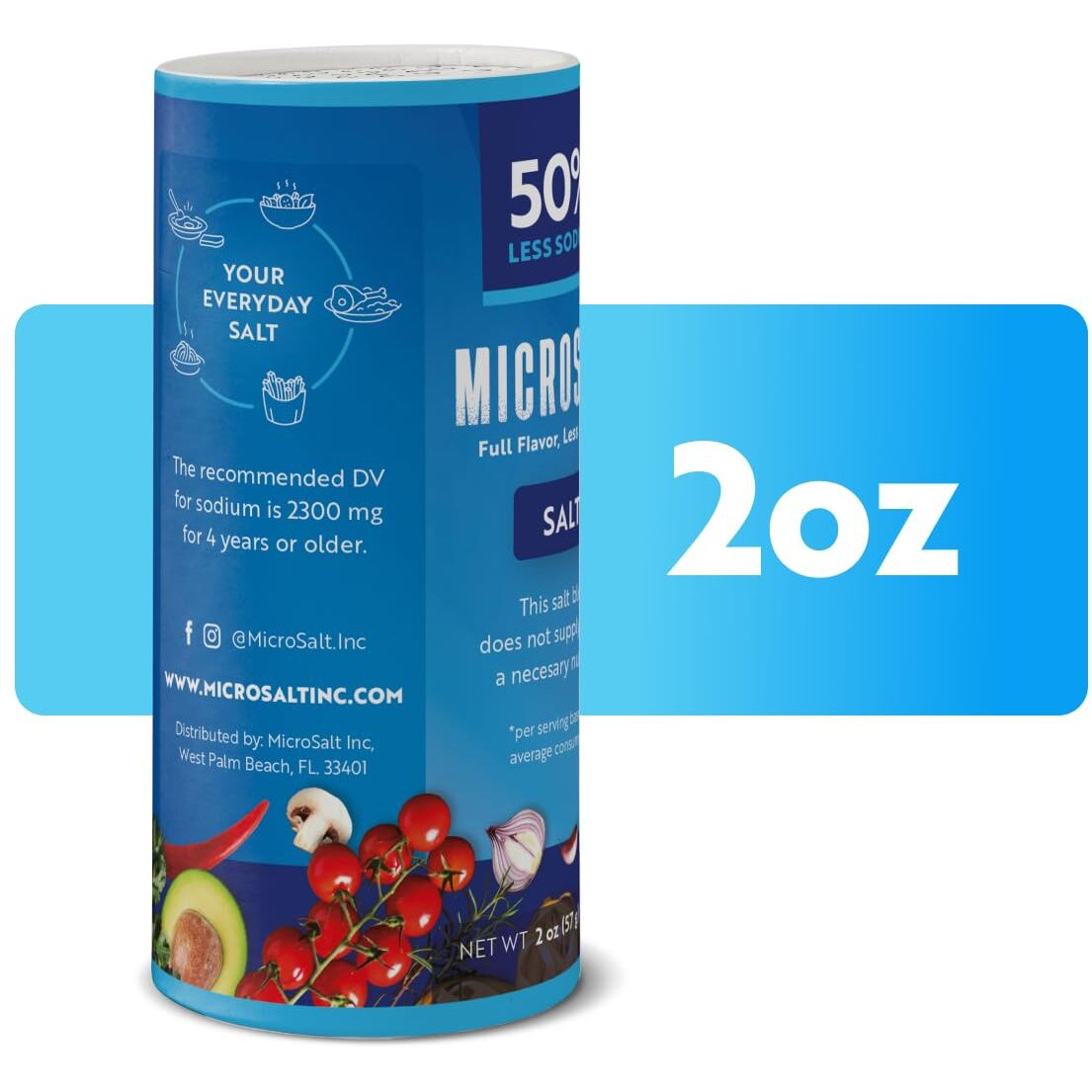 Microsalt 50% Less Sodium Salt, Regular Salt Substitute, Seasoning Salt For Snacks, Full Flavor, Less Sodium, 2 Oz, Pack Of 2