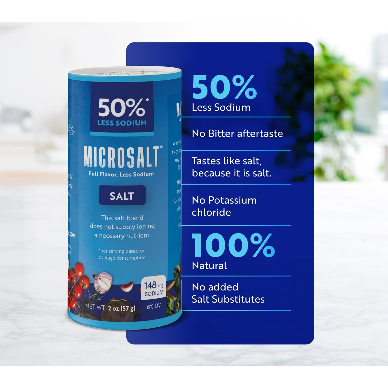Microsalt 50% Less Sodium Salt, Regular Salt Substitute, Seasoning Salt For Snacks, Full Flavor, Less Sodium, 2 Oz, Pack Of 2