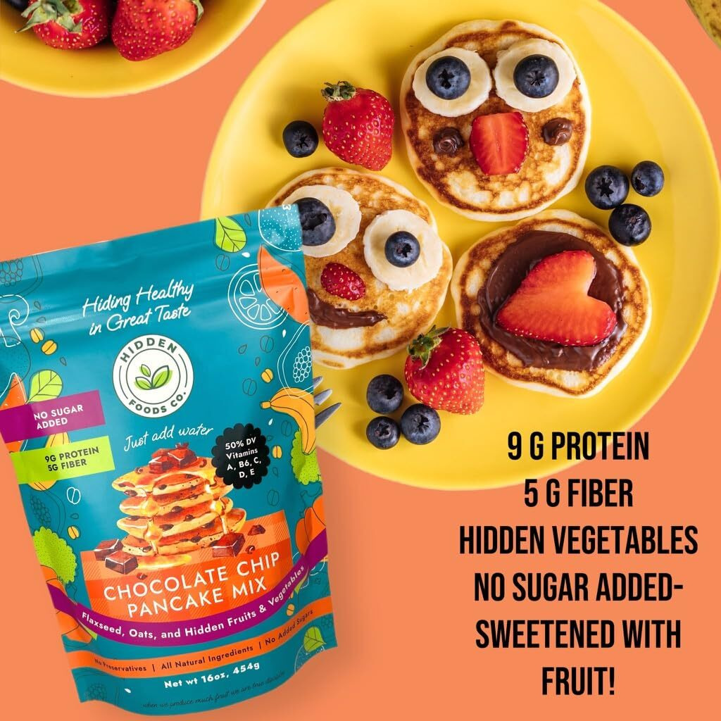 Hidden Foods Chocolate Pancake Mix With Monk Fruit - Chocolate Chip Pancakes Perfect Breakfast - Fiber And Protein Choco Pancake Mix With Wheat & Oat Flour Blend Of Vegetables - Waffle Mix 2 Pack