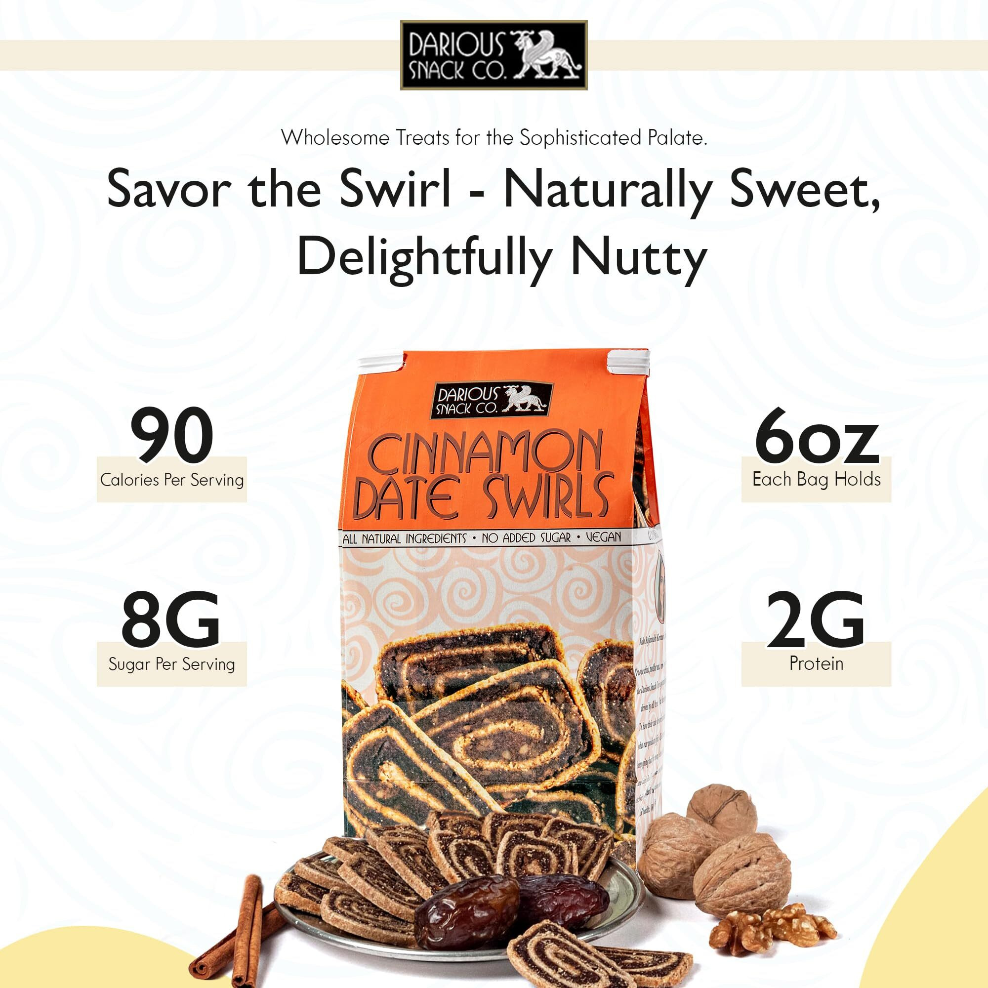 Darious Snack Co Vegan Cinnamon Date Swirls For Coffee & Tea Treat, Delicious Breakfast Cookies, Slightly Sweet And Savory, All Natural Ingredients, Holiday Food Gifts, 6 Oz Bag