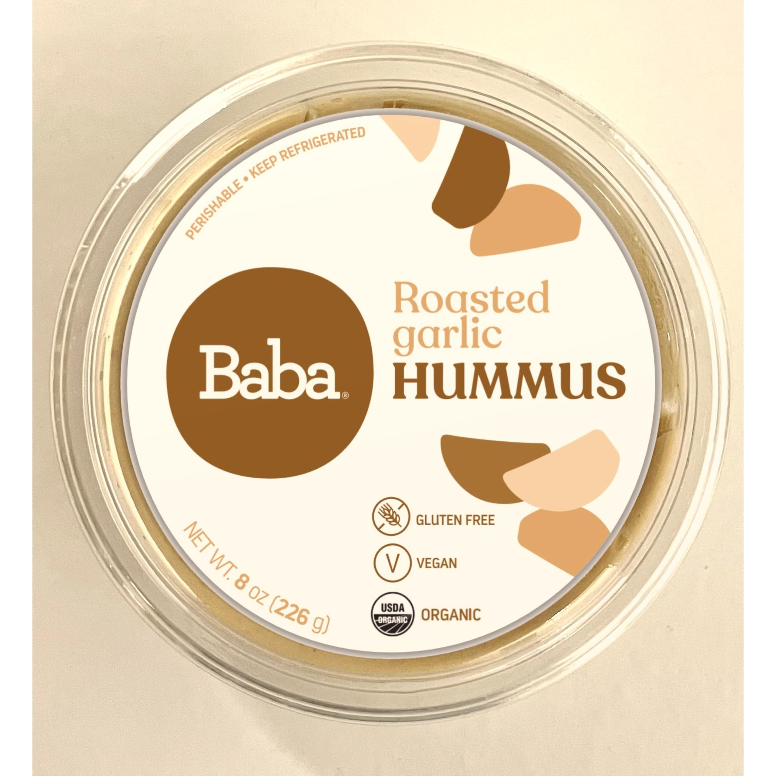 Baba Organic Hummus (8 Oz) - Usda Organic, Gluten Free, Vegan, Non-Gmo, Cholesterol Free, Zero Preservatives (Roasted Garlic Hummus)