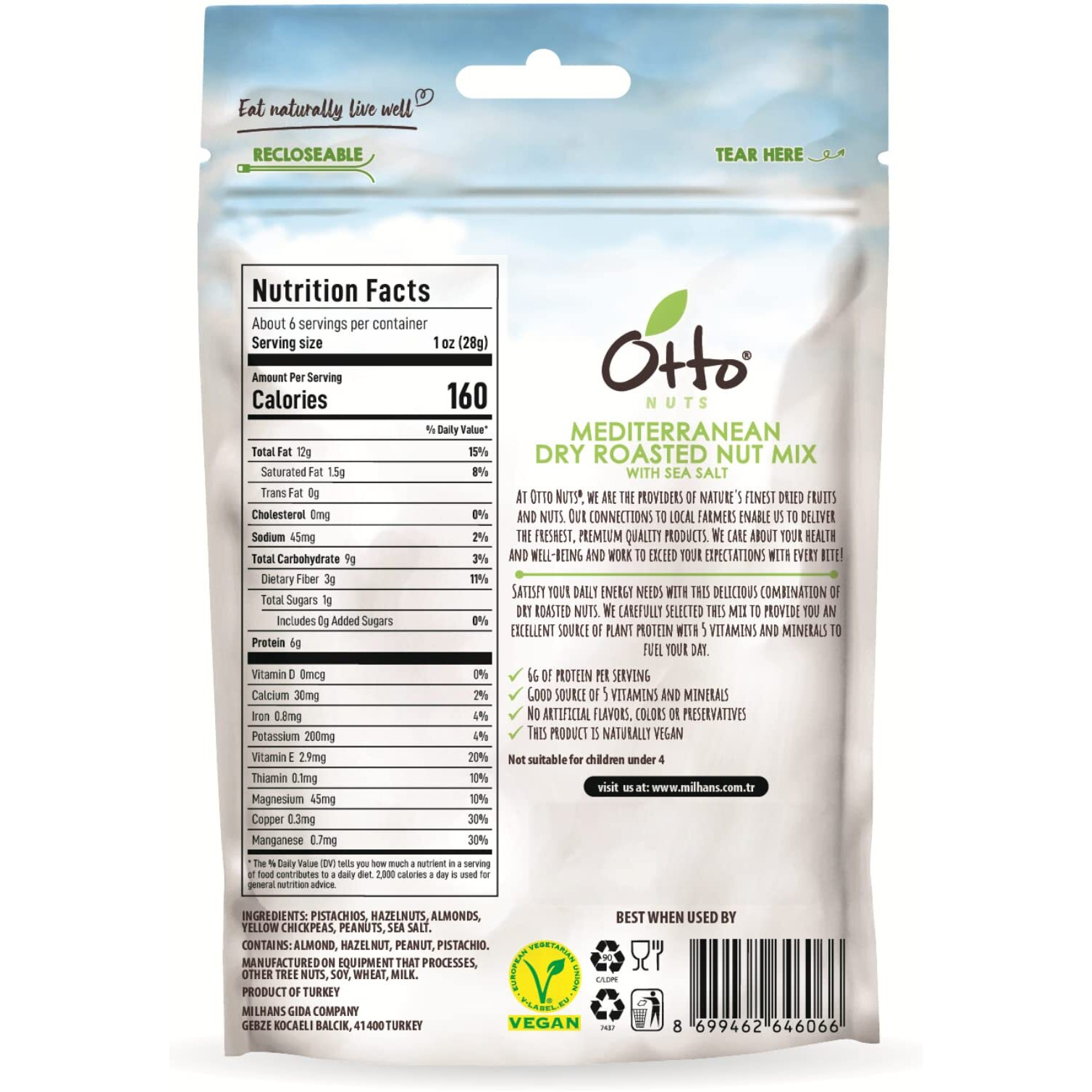 Otto Nuts - Mediterranean Dry Roasted Nut Mix With Sea Salt, Non-Gmo Naturally Vegan Snack, Mixed Nuts | 5.5 Oz With Resealable Bag