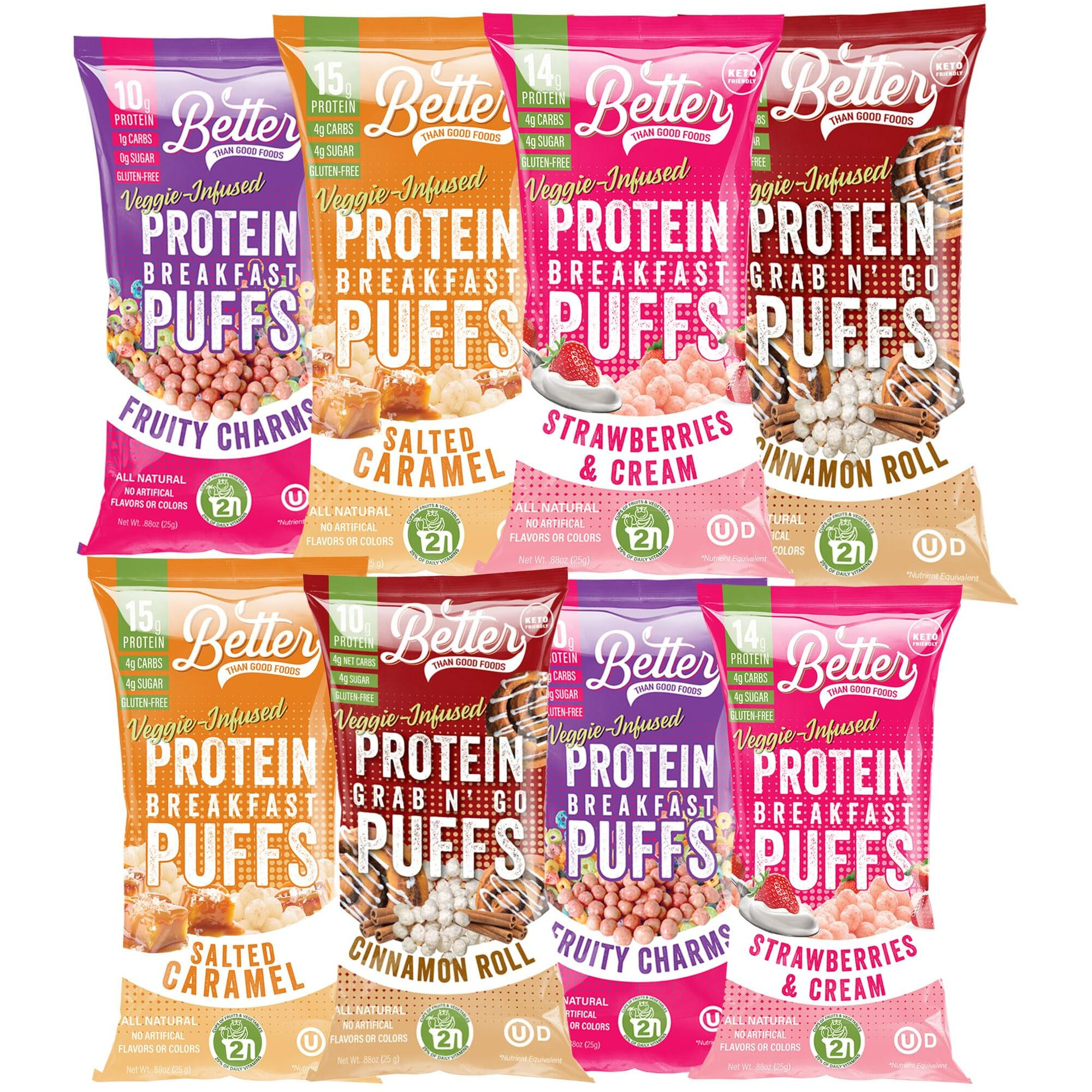 New Better Than Good Keto Protein Puffs | 16G Protein, 2 Servings Of Fruits & Veggies | Paleo, Low Sugar, Low Calories, Gluten Free, Diabetic Friendly Keto Snacks (Sweet Sampler 8 Pack)