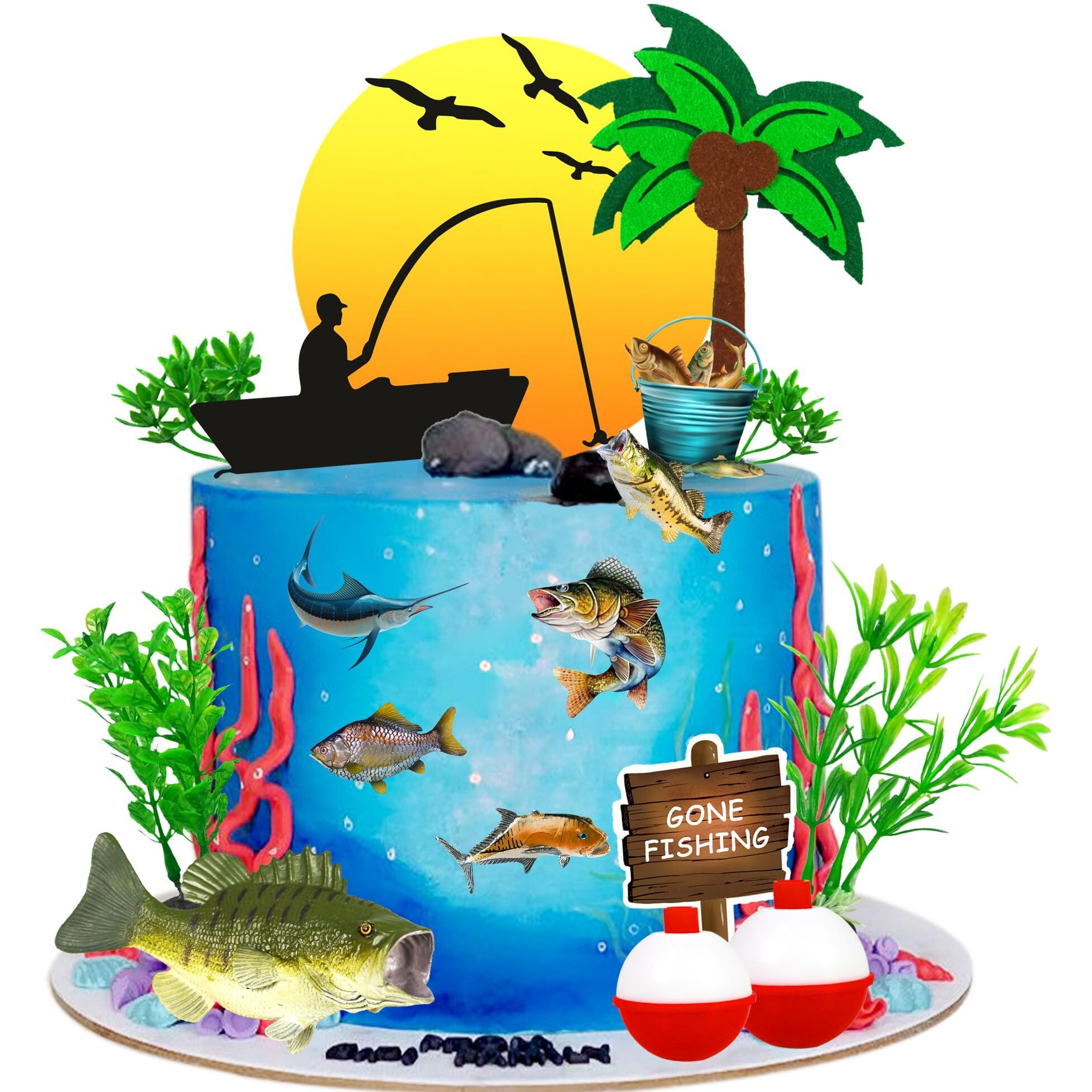 17 Pcs Gone Fishing Cake Topper Fish Cake Topper Fisherman Themed Birthday Cake Decorations With Sea Bass Seaweeds For Man Kids Boy Fisherman (Fishing)