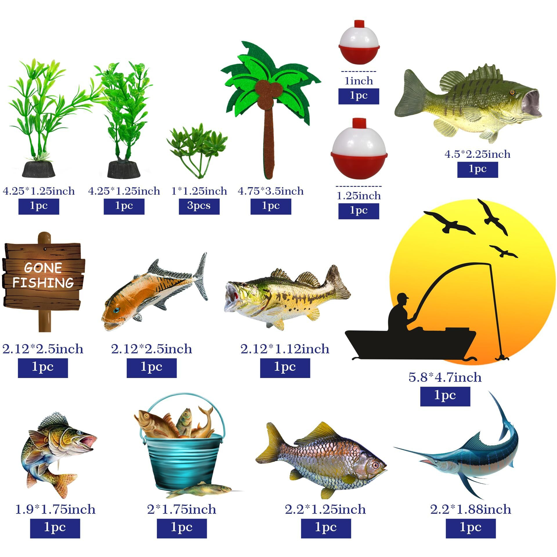 17 Pcs Gone Fishing Cake Topper Fish Cake Topper Fisherman Themed Birthday Cake Decorations With Sea Bass Seaweeds For Man Kids Boy Fisherman (Fishing)