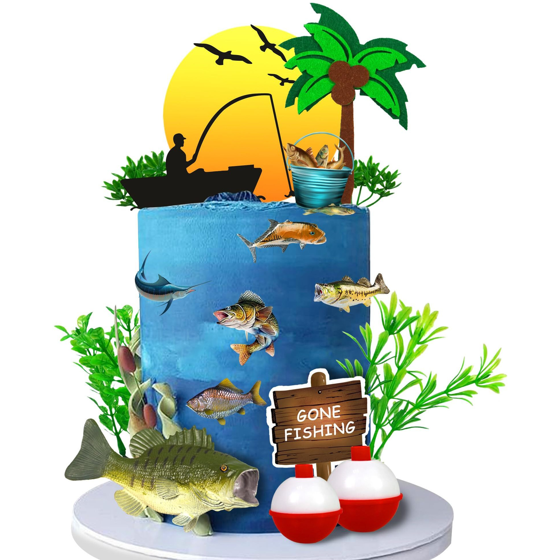17 Pcs Gone Fishing Cake Topper Fish Cake Topper Fisherman Themed Birthday Cake Decorations With Sea Bass Seaweeds For Man Kids Boy Fisherman (Fishing)