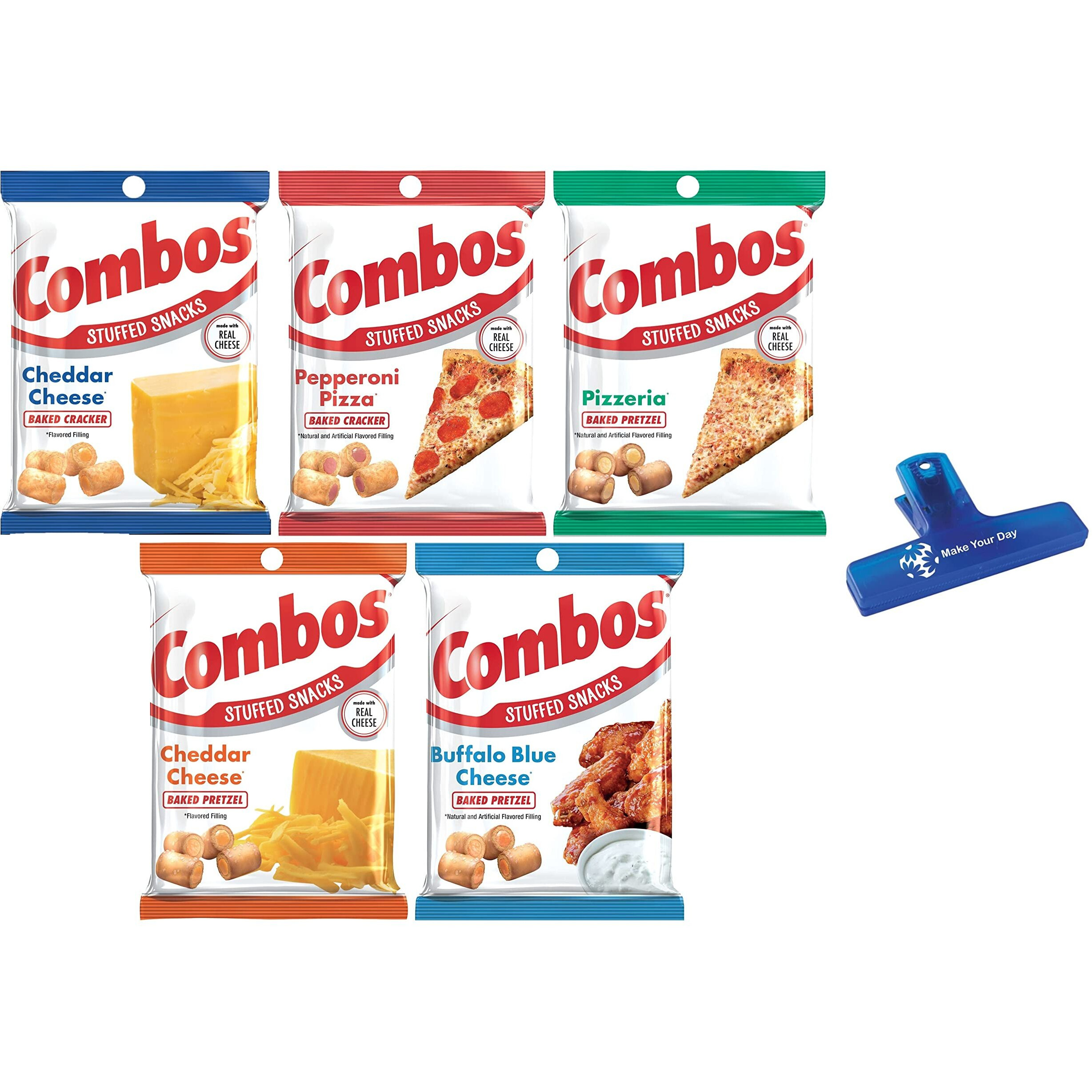 Combos Cheddar Cheese Cracker, Pepperoni Pizza, Pizzeria, Cheddar Cheese Pretzel, And Buffalo Blue Cheese, 6.3 Ounce (Pack Of 5) - With Make Your Day Bag Clip