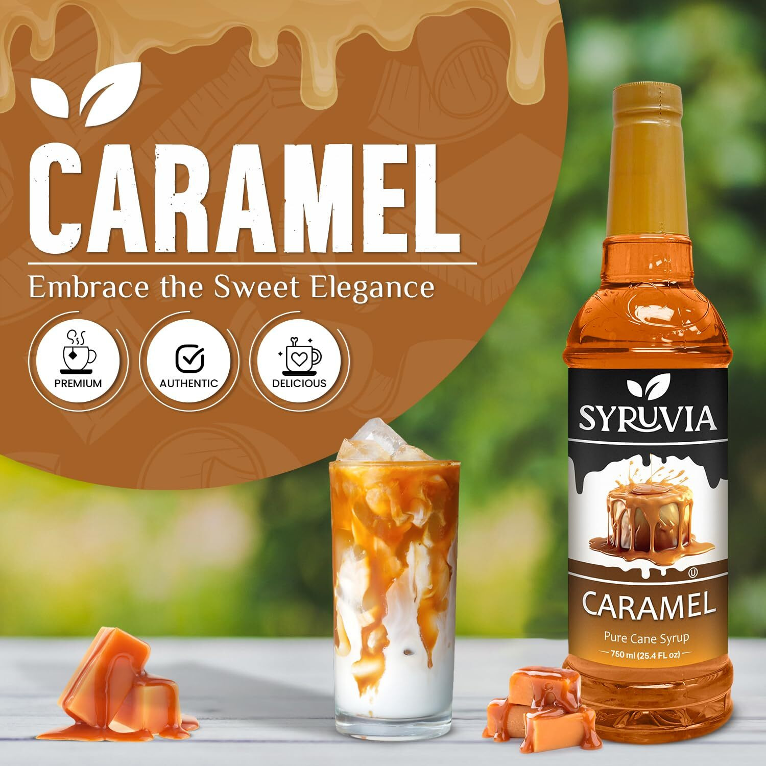 Syruvia Caramel Syrup For Coffee With Syrup Pump Dispenser, Flavored Coffee Syrup Great For Coffee, Shakes, Smoothies And Cocktails - 25.4 Fl Oz, Kosher, Gluten-Free, No Coloring