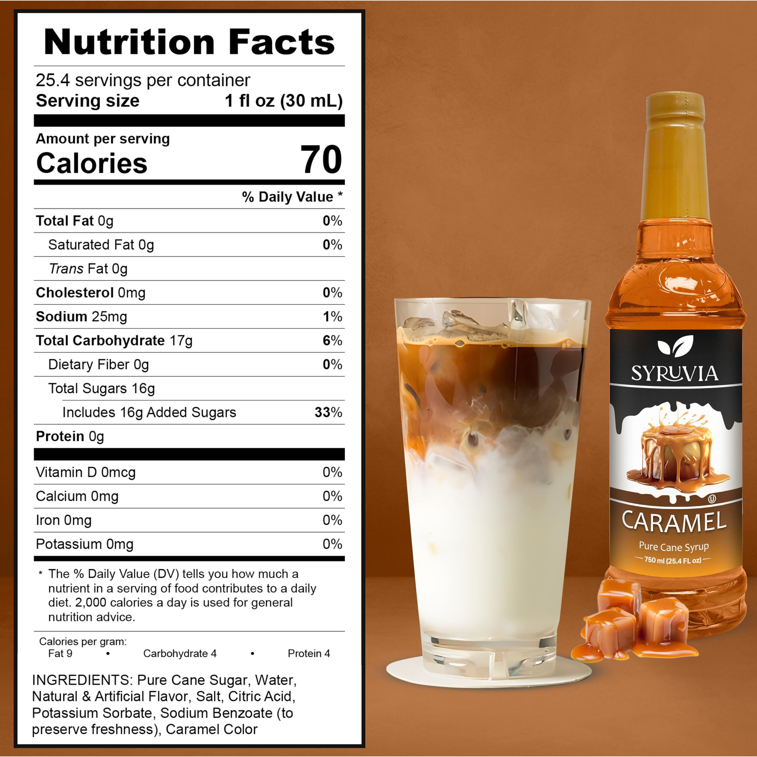 Syruvia Caramel Syrup For Coffee With Syrup Pump Dispenser, Flavored Coffee Syrup Great For Coffee, Shakes, Smoothies And Cocktails - 25.4 Fl Oz, Kosher, Gluten-Free, No Coloring