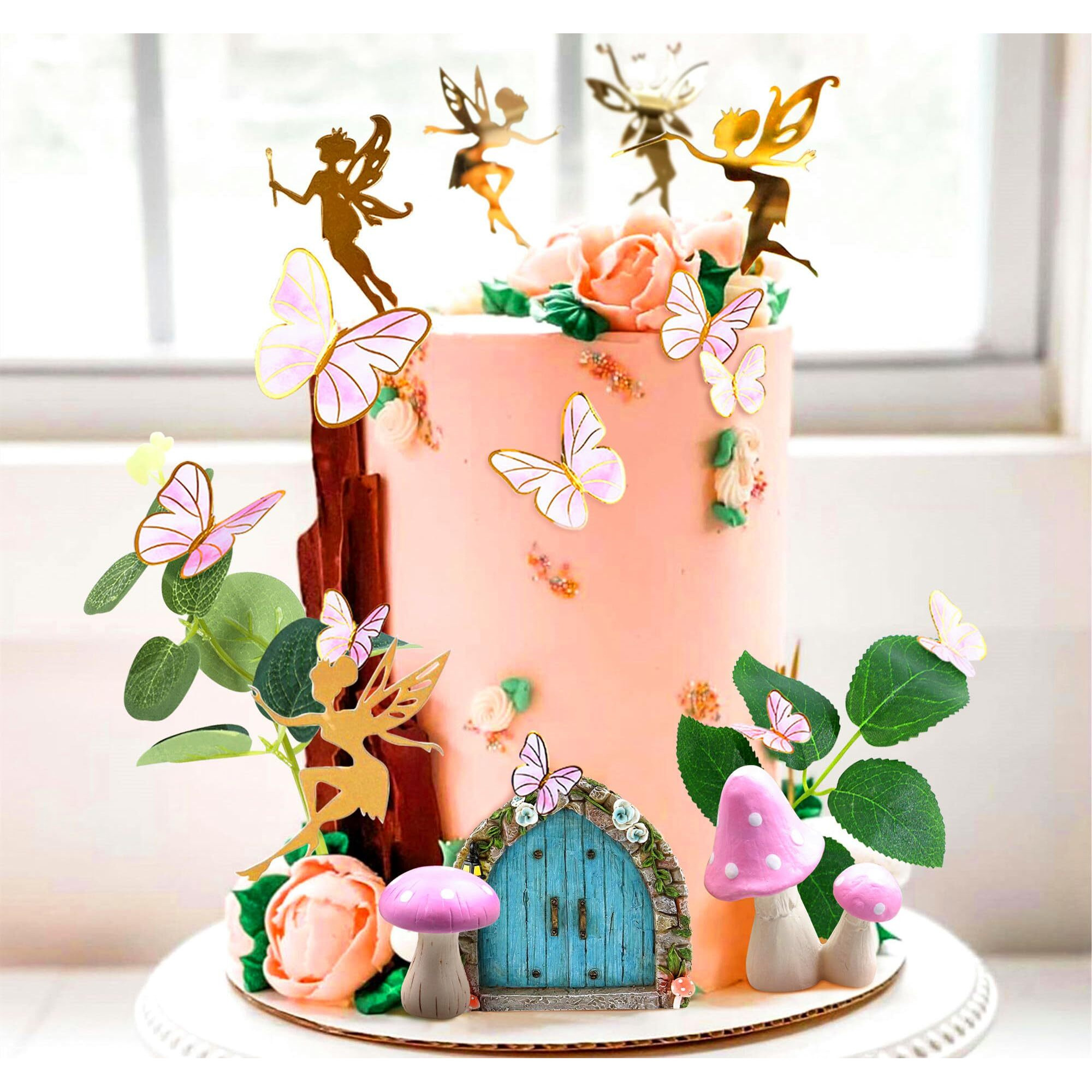 Jevenis 25 Pcs Pink Mushroom House Cake Decoration Mushroom Cake Decoration Fairy Cake Decoration Garden Fairy Cake Decoration Fairy Party Supplies Fairy Party Favors