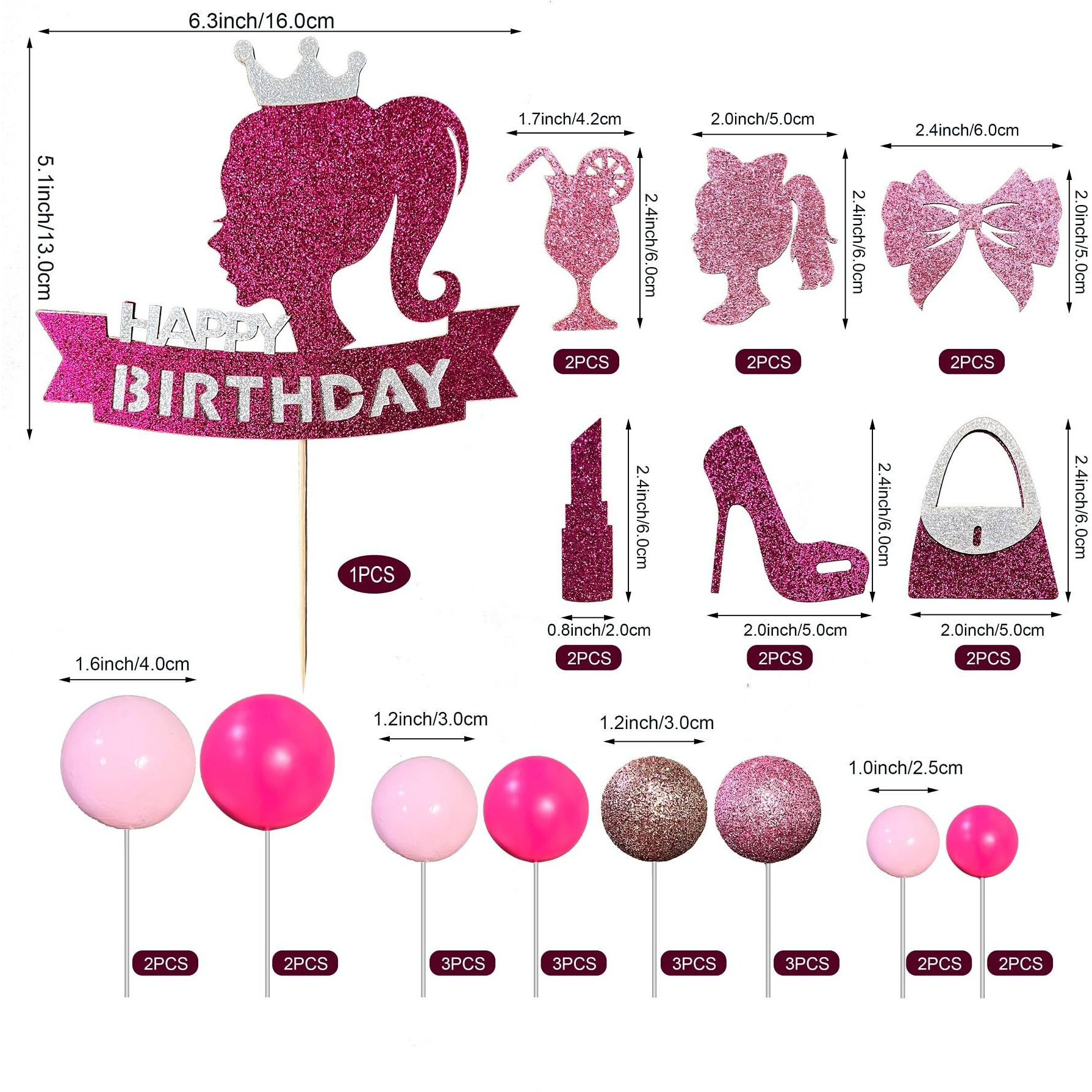 Hot Pink Girl Princess Cake Decorations - Glitter Happy Birthday Cake Topper With 20 Balls For Cake Decorating & 12 Girls Cupcake Toppers, Perfect Birthday Baby Shower Party Supplies For Barbie Fans