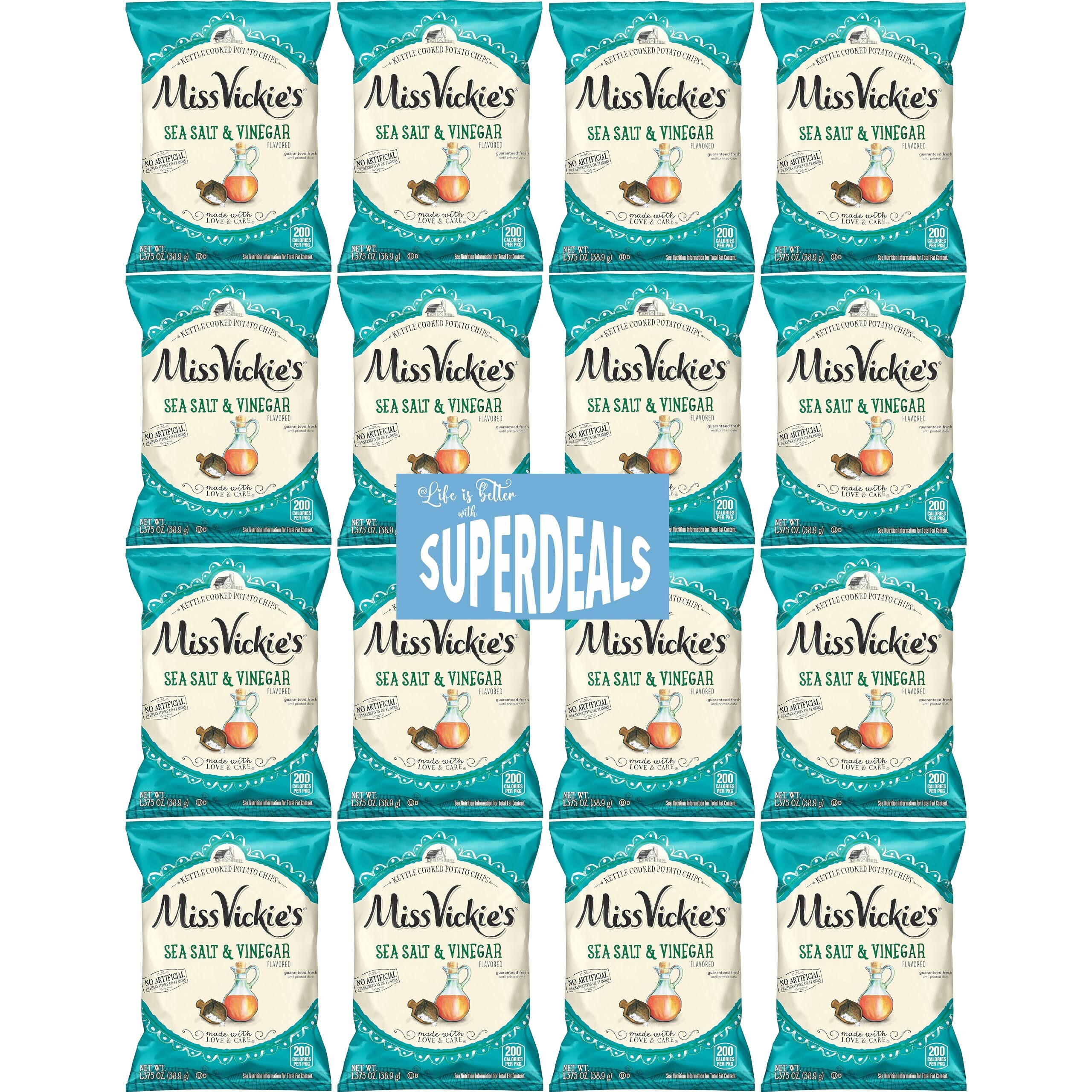 Kettle Cooked Potato Chips By Miss Vickie's Value Pack Bundled By Superdeals | 1.375 Oz Bag | Sea Salt & Vinegar | Pack Of 16 With Mystery Bonus Gift