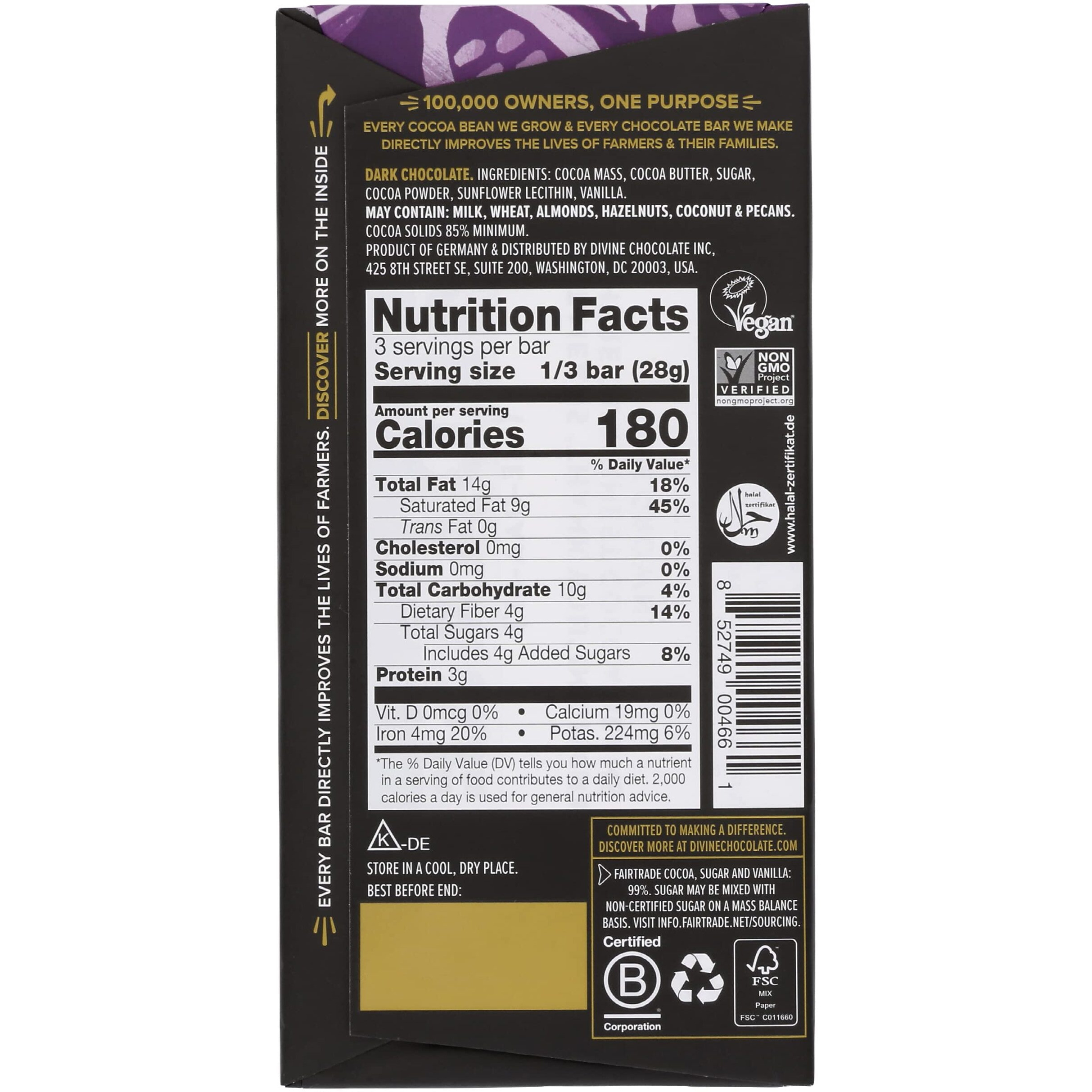 Divine Chocolate Bars - 85% Dark Chocolate - Made With Fairtrade Cocoa, Natural Ingredients, No Artificial Flavors | 3Oz. Bars (12 Pack) Brand Divine Chocolate