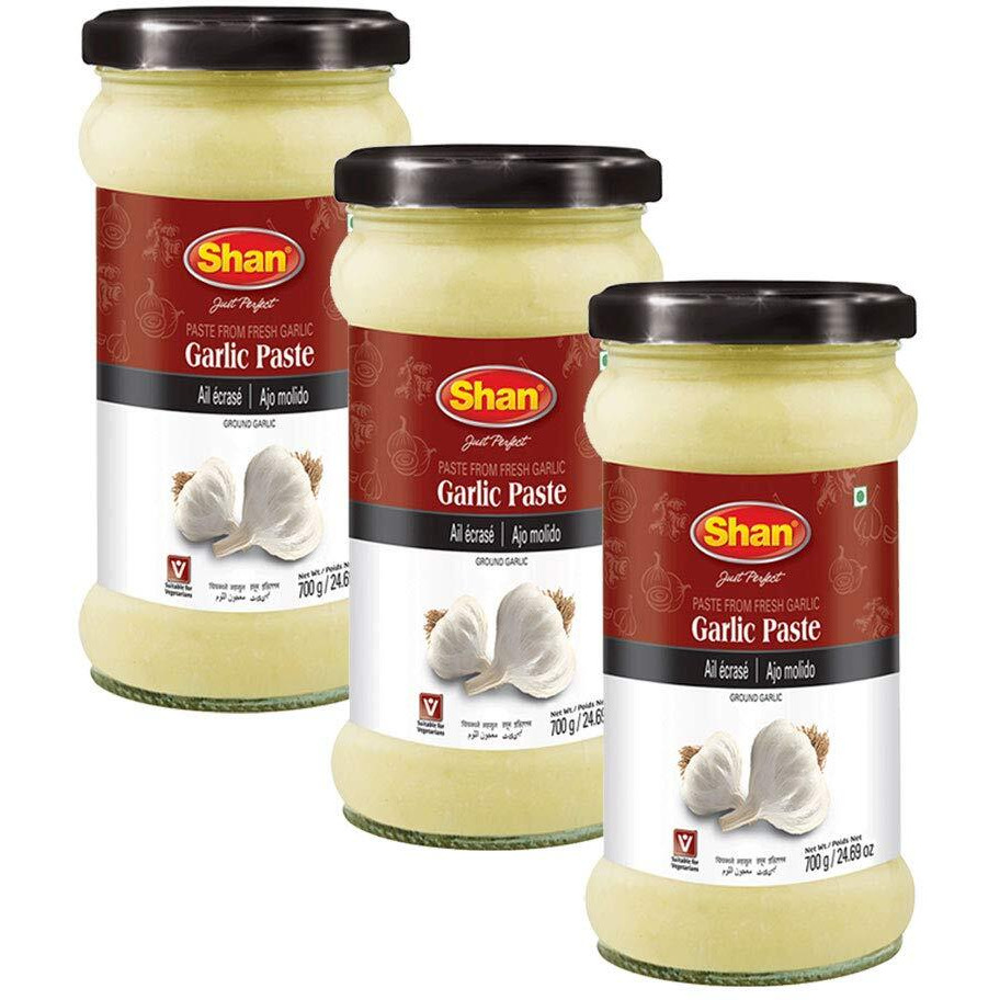 Shan Garlic Paste 24.69 Oz (700G) - Traditional Taste Enhancing Cooking Paste From Fresh Ground Garlic - Suitable For Vegetarians - Airtight Glass Jar (Pack Of 3)