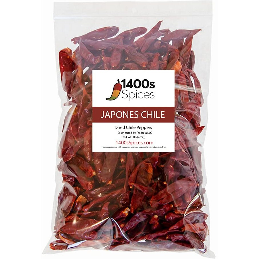 1Lb Japones Dried Whole Chile Peppers, Japanese Red Pepper, Chili Seco Pods For Authentic Mexican Food, Heat-Sealed Resealable Bag By 1400S Spices
