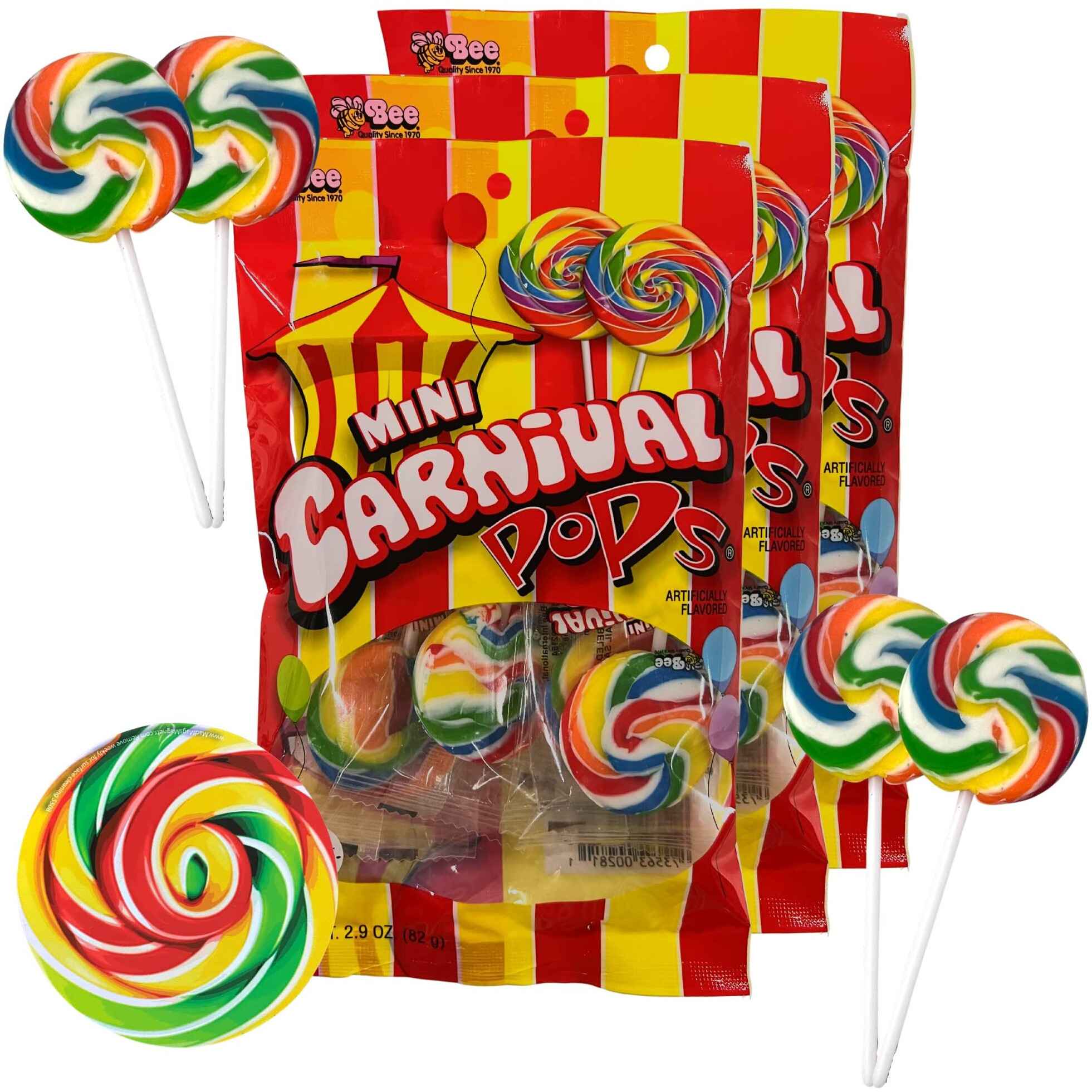Mini Carnival Lollipop Packs, Shareable Individually Wrapped Traditional Multi Colored Swirl Pops, Candy Accessory Included, 7 Lollipops Per Bag, 3 Pack