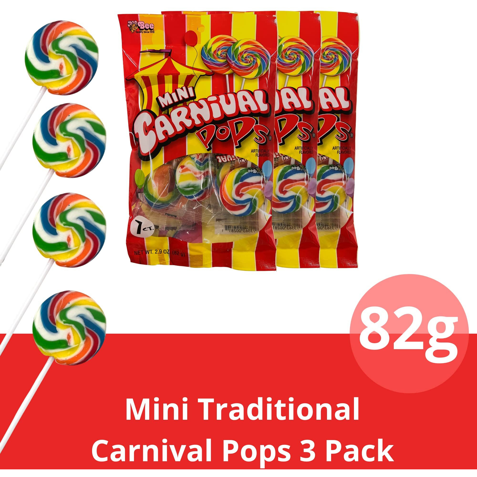 Mini Carnival Lollipop Packs, Shareable Individually Wrapped Traditional Multi Colored Swirl Pops, Candy Accessory Included, 7 Lollipops Per Bag, 3 Pack
