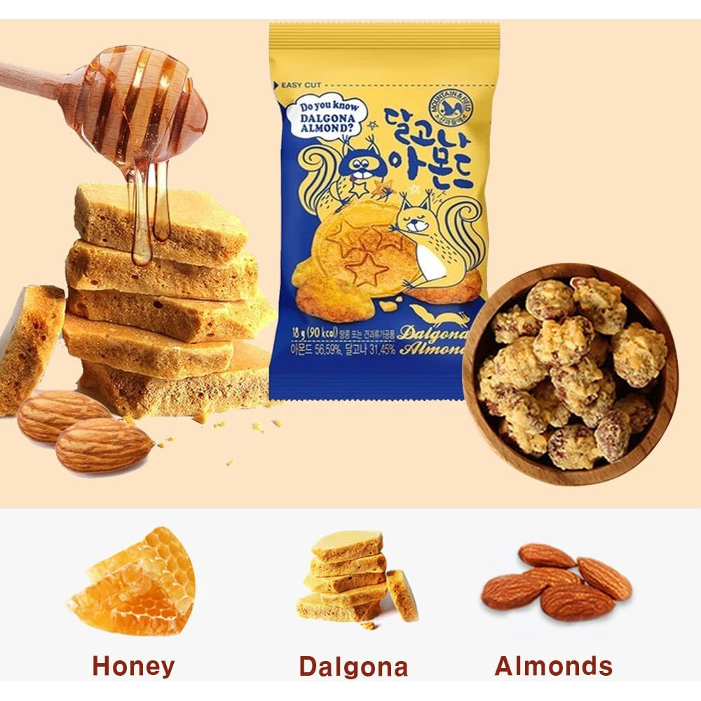 K-Herb Korean Snacks - Gourmet Honey Butter Almond Korean Dalgona Almond Snacks For Adults, Kids - Flavored Almonds With Delicious Crunchy Texture - Great For Office, On The Go, School (Dalgona 20Pack)