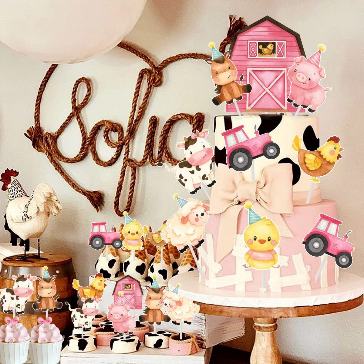 Pink Farm Animal Cake Decoration Farm Animal Cake Topper For Girls Farm Animal Theme Birthday Party Cupcake Topper Cow Cake Decoration For Farm Animal Baby Shower Birthday Party