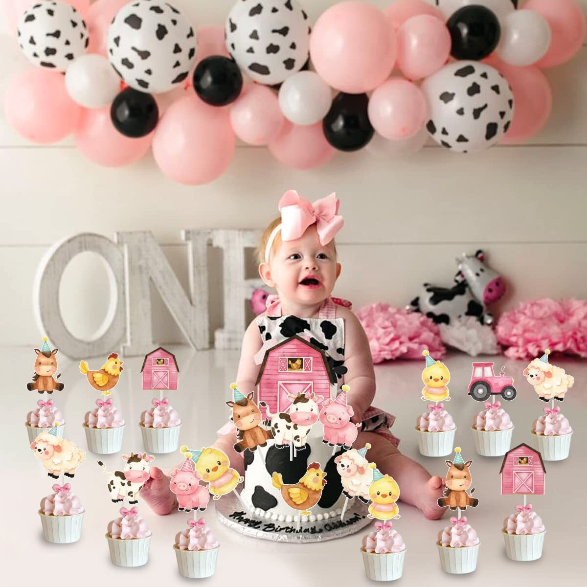 Pink Farm Animal Cake Decoration Farm Animal Cake Topper For Girls Farm Animal Theme Birthday Party Cupcake Topper Cow Cake Decoration For Farm Animal Baby Shower Birthday Party