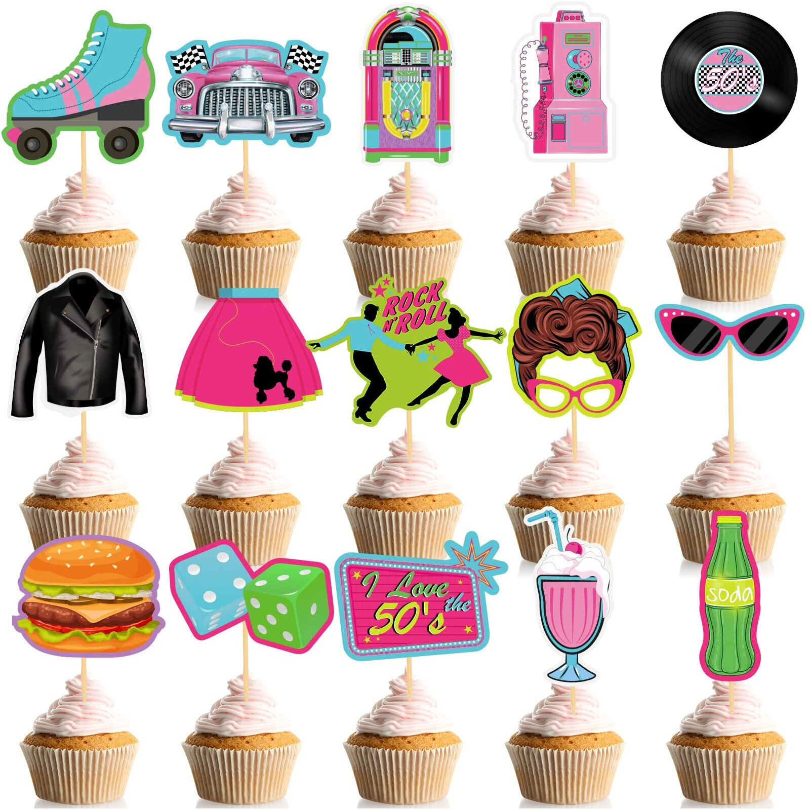 Jecery 45 Pieces 1950S Cupcake Topper Rock And Roll Music Party Decorations 50S Music Soda Shop Cake Decoration For Retro 50's 60's Theme Party Decoration