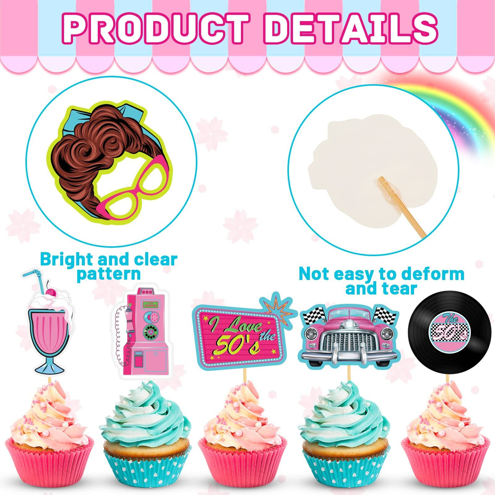 Jecery 45 Pieces 1950S Cupcake Topper Rock And Roll Music Party Decorations 50S Music Soda Shop Cake Decoration For Retro 50's 60's Theme Party Decoration