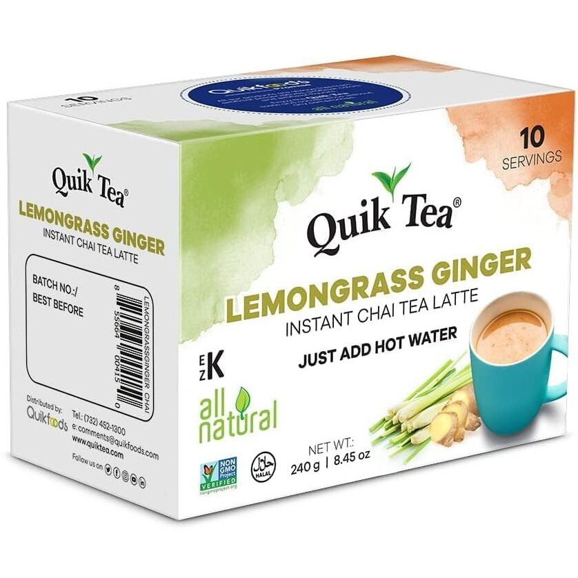 Quik Tea Lemongrass Ginger Instant Chai Tea Latte - 10 Count Single Box - All Natural Digestion Tea | Just Add Hot Water
