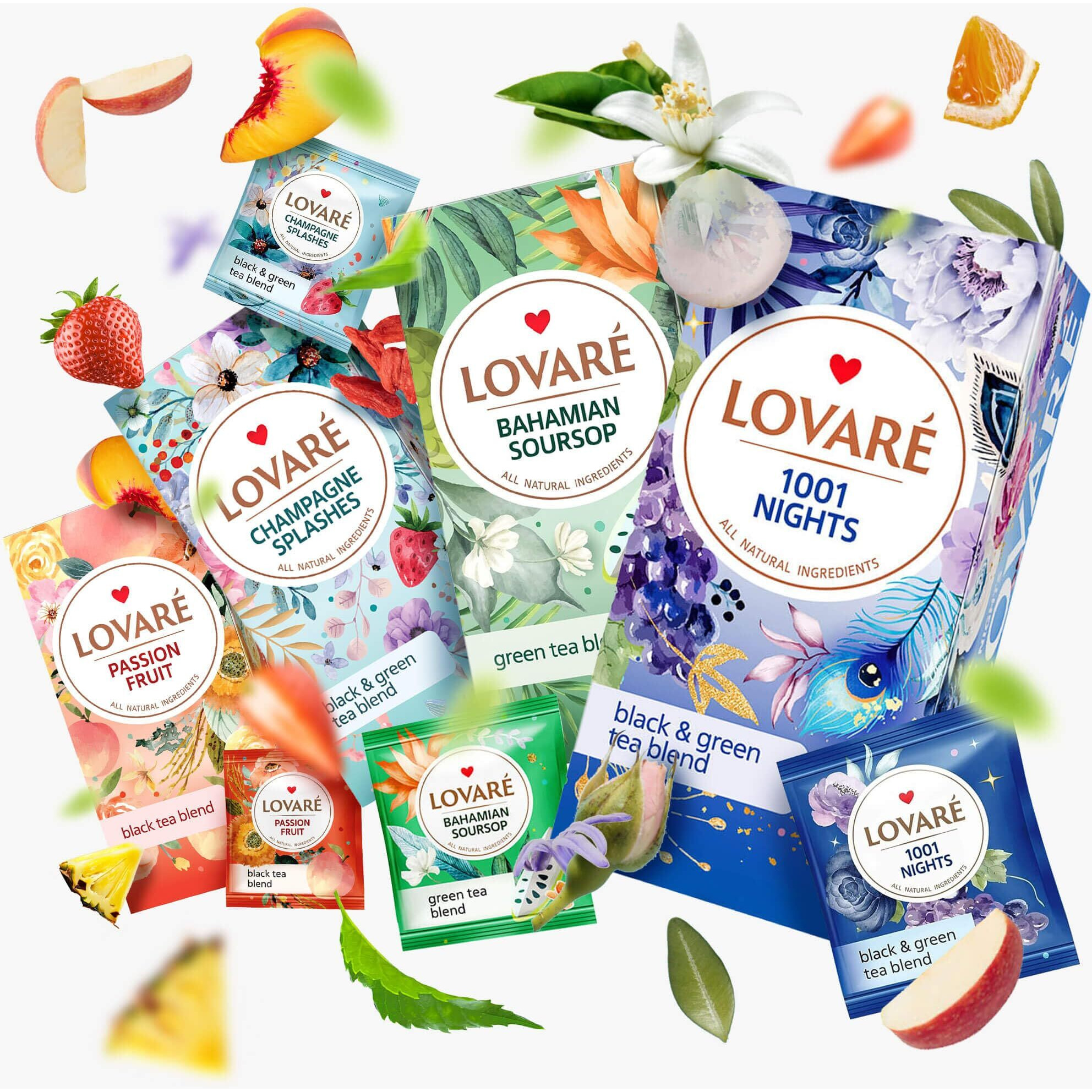 Lovare Set Of 4 Assorted Tea Bags Variety Pack 48 G - Made In Ukraine - 24 Black, Green Tea Sampler Bags X 2 G - Tea Bags Individually Wrapped - Assorted Tea Variety Pack Blends - Gift Box Assortment