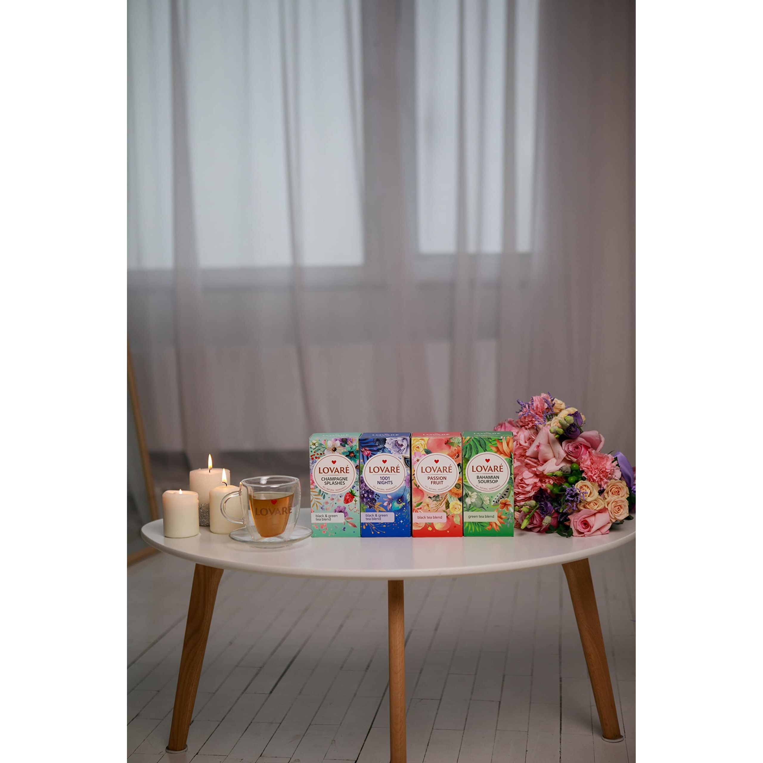 Lovare Set Of 4 Assorted Tea Bags Variety Pack 48 G - Made In Ukraine - 24 Black, Green Tea Sampler Bags X 2 G - Tea Bags Individually Wrapped - Assorted Tea Variety Pack Blends - Gift Box Assortment
