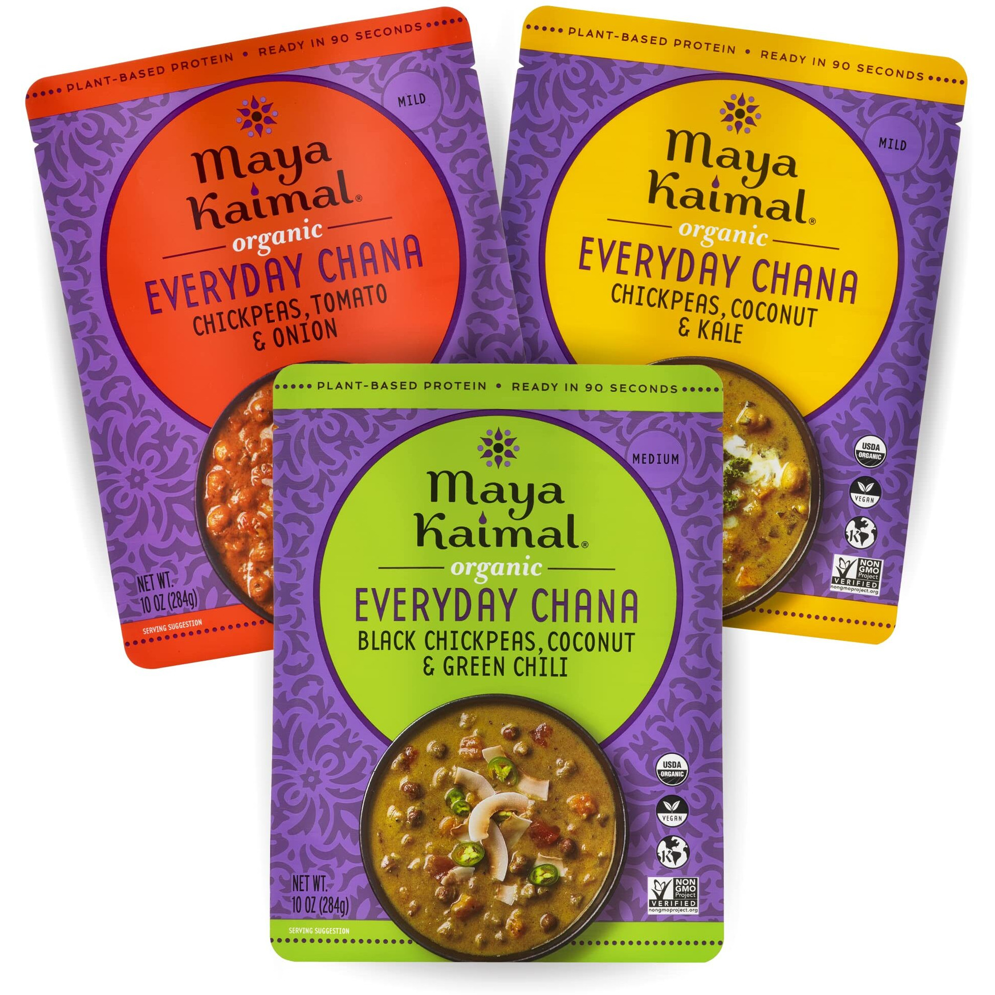 Maya Kaimal Organic Indian Everyday Chana Variety Pack - 10Oz, Pack Of 3-3 Flavors Tomato & Onion, Coconut & Kale, Coconut & Green Chili | Microwaveable, Ready To Eat, Fully Cooked Chickpeas, Vegan