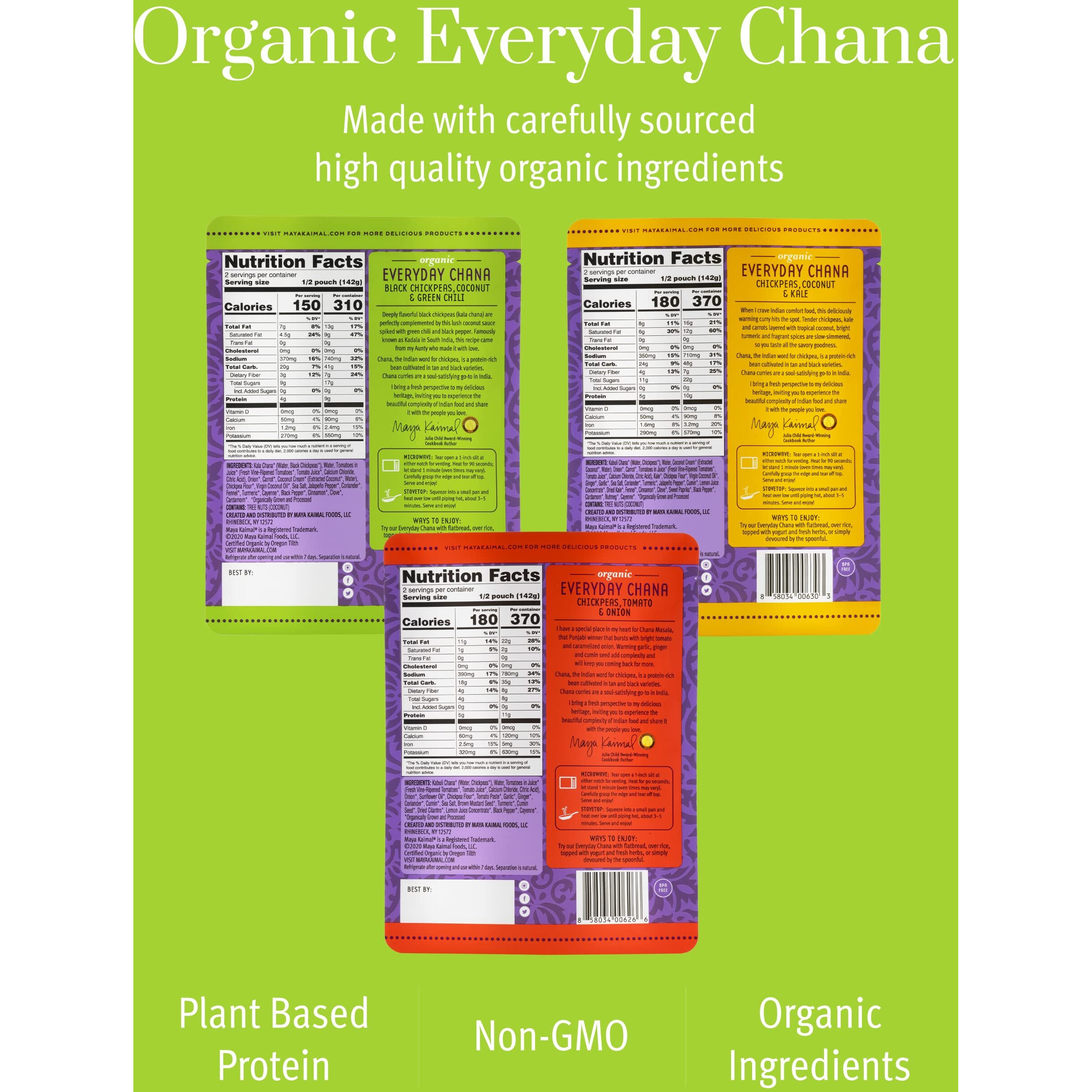Maya Kaimal Organic Indian Everyday Chana Variety Pack - 10Oz, Pack Of 3-3 Flavors Tomato & Onion, Coconut & Kale, Coconut & Green Chili | Microwaveable, Ready To Eat, Fully Cooked Chickpeas, Vegan