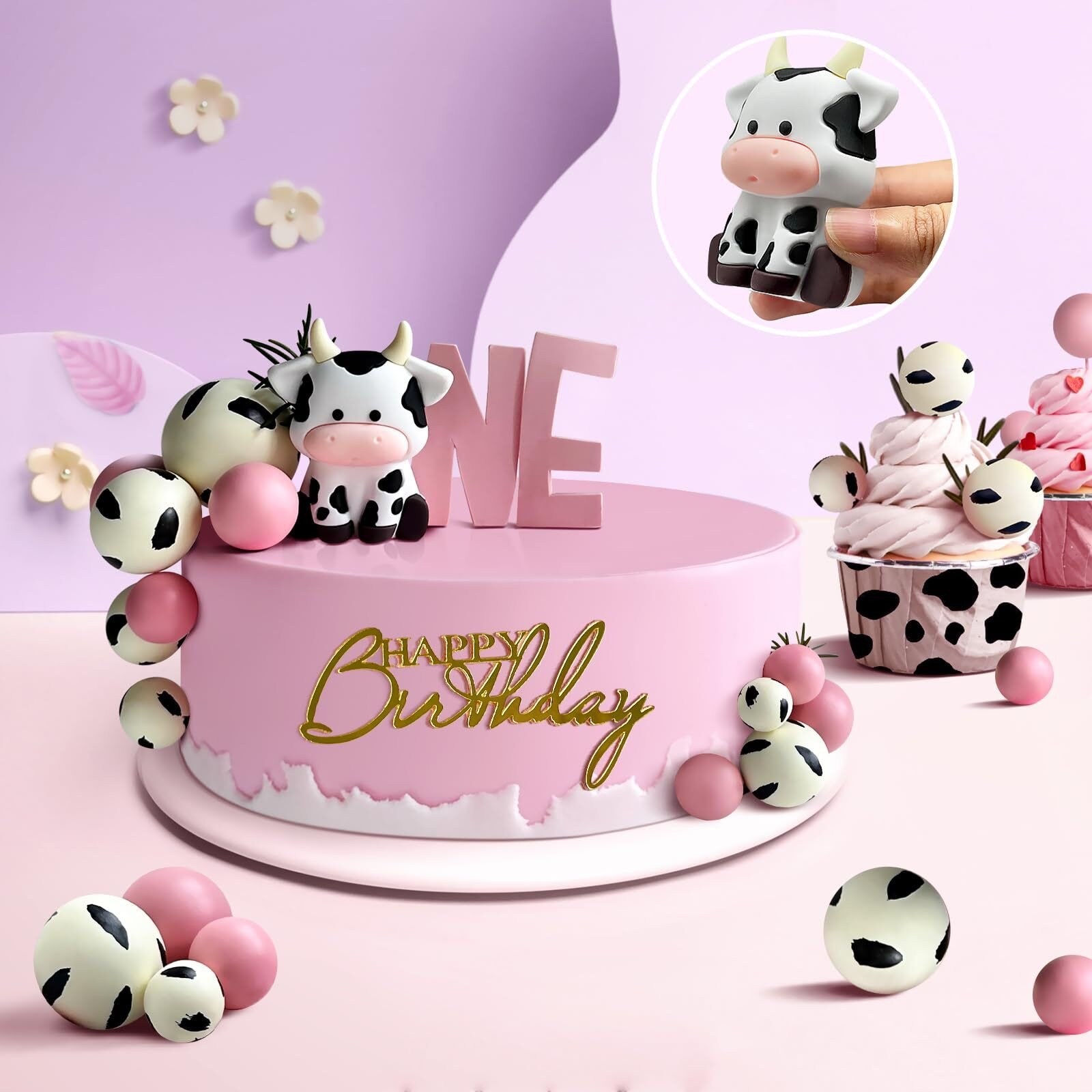14 Pcs Cow Cake Decorations Pearls Balls Cake Toppers With Gold Happy Birthday Acrylic Cake Topper For Baby Shower Wedding Birthday Party Decor (Pink)