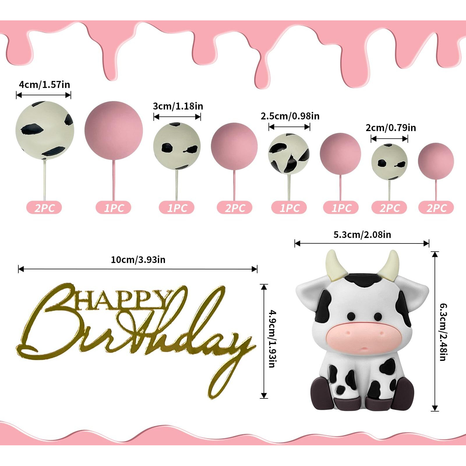 14 Pcs Cow Cake Decorations Pearls Balls Cake Toppers With Gold Happy Birthday Acrylic Cake Topper For Baby Shower Wedding Birthday Party Decor (Pink)