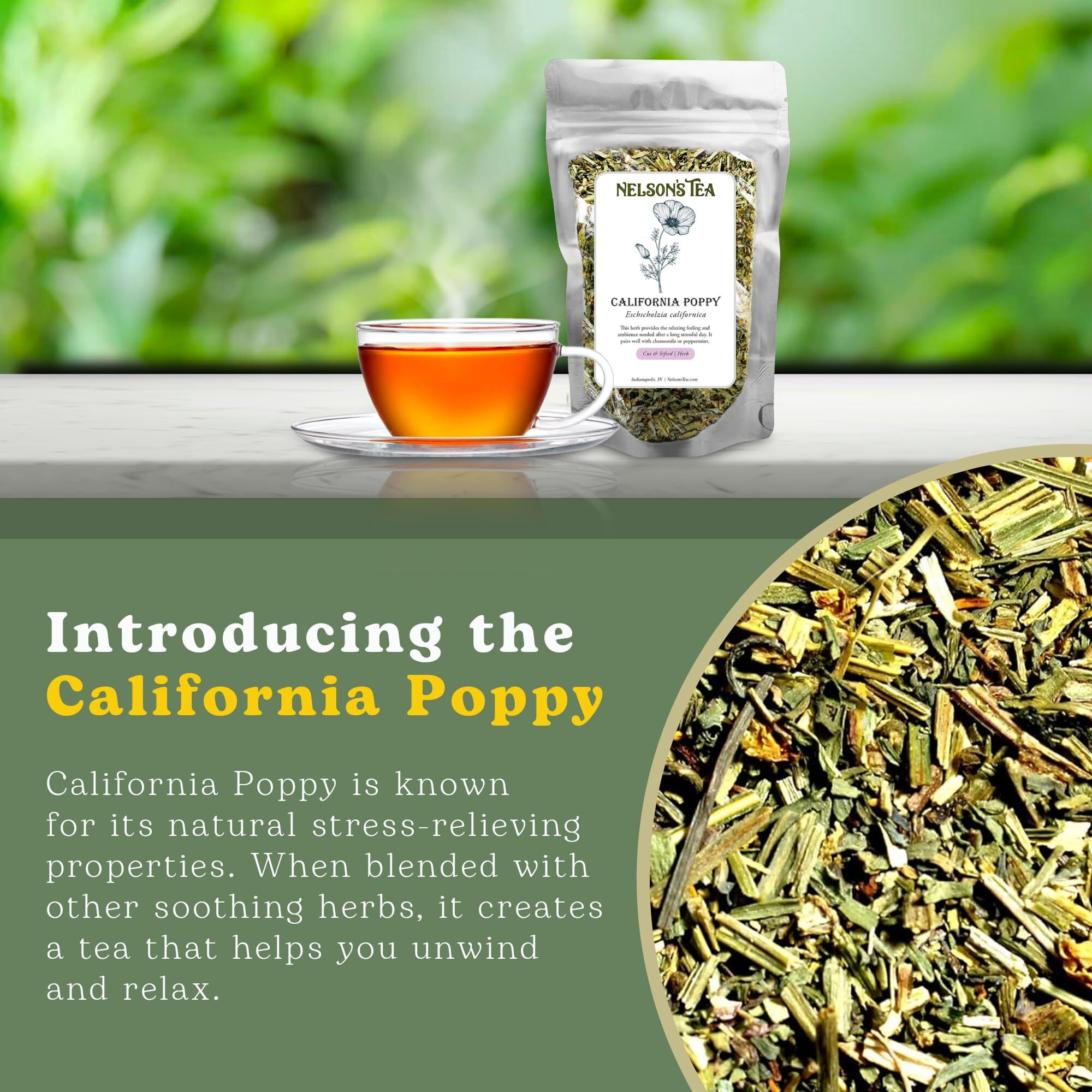 Nelson's Tea - California Poppy - Cut & Sifted - Loose Leaf - Herbal Tea - Pairs Well With Chamomile Or Peppermint - 1Oz
