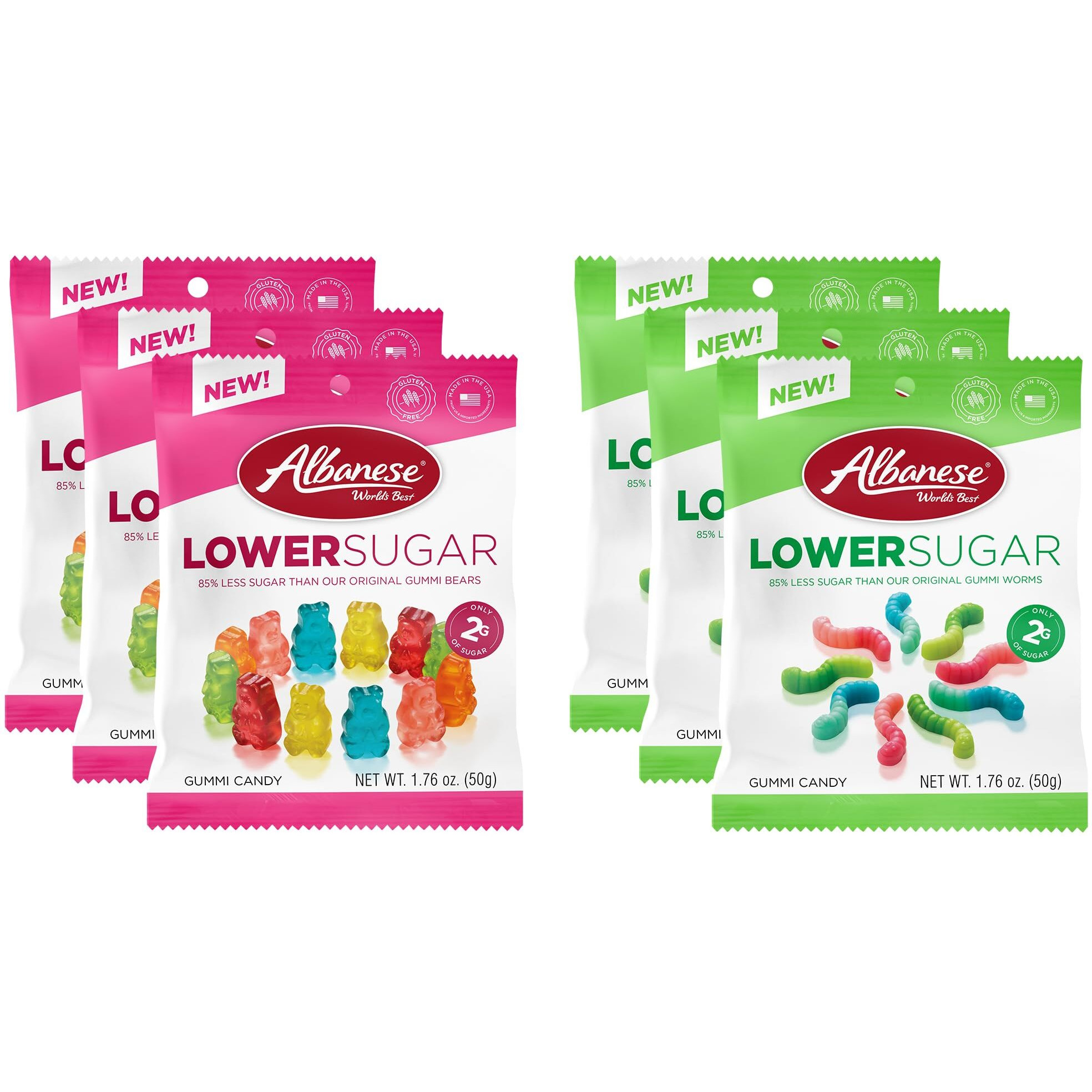 Albanese World's Best Lower Sugar Gummies Variety Pack, 1.76Oz Bag Of Candy (Pack Of 6)